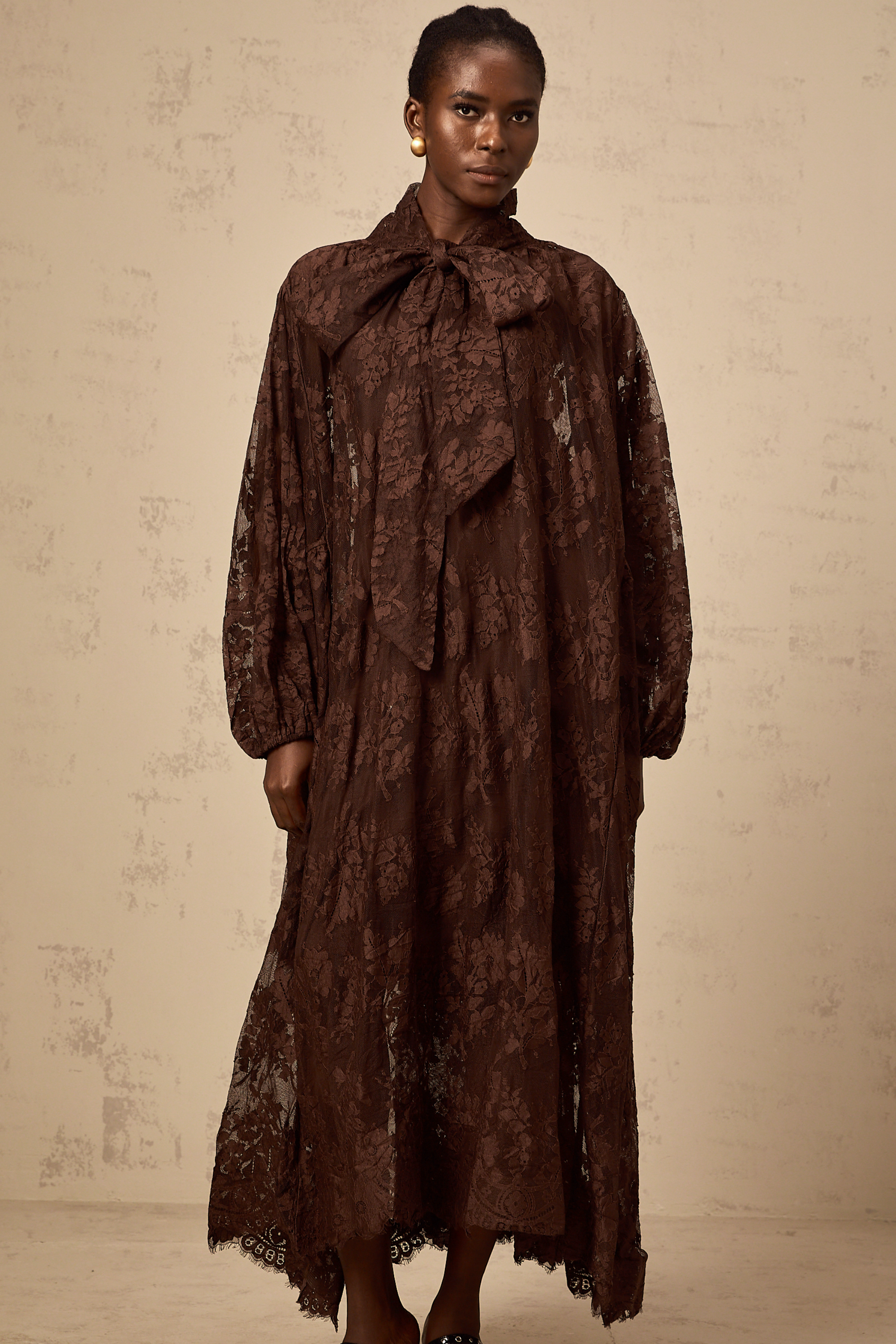 Sylvie brown chantilly-lace flared midi dress (Final Sale-US Only)