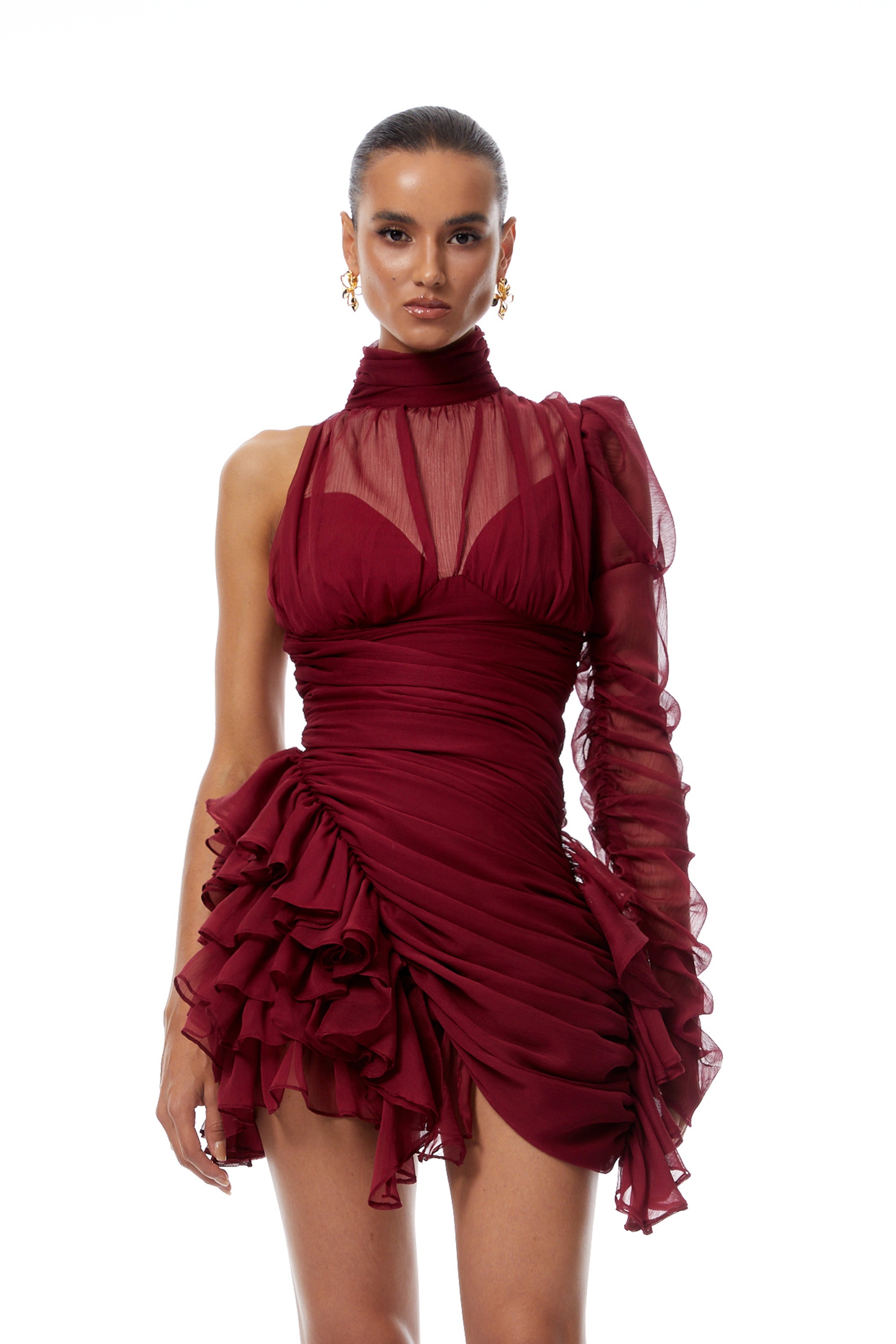 Éléna Burgundy Asymmetrical Ruffled Tulle Mini Dress (Final Sale-US Only)