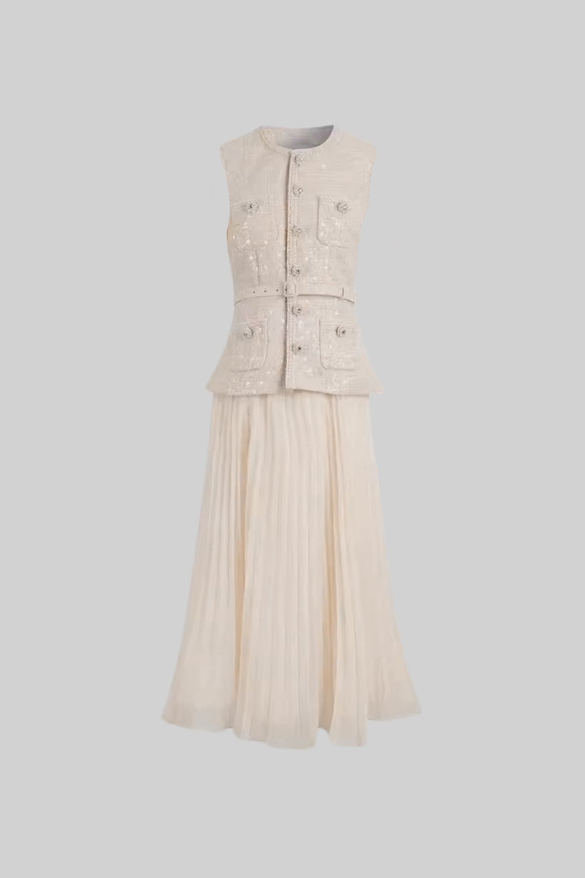 Textured Co-Ord With Front Pockets And Sheer Pleated Skirt - Ivoire