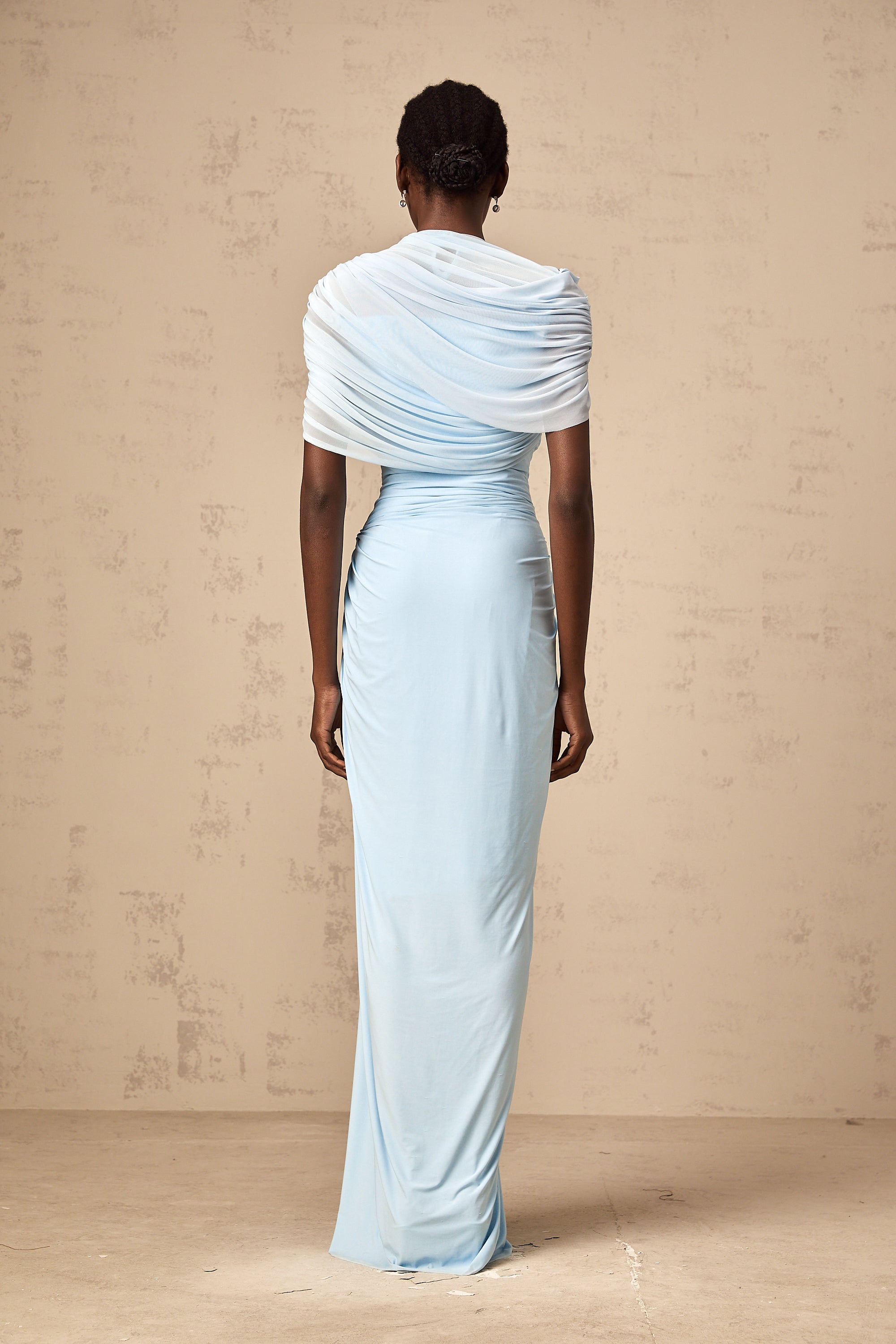 Catherine asymmetrical pleated maxi dress in Baby-blue