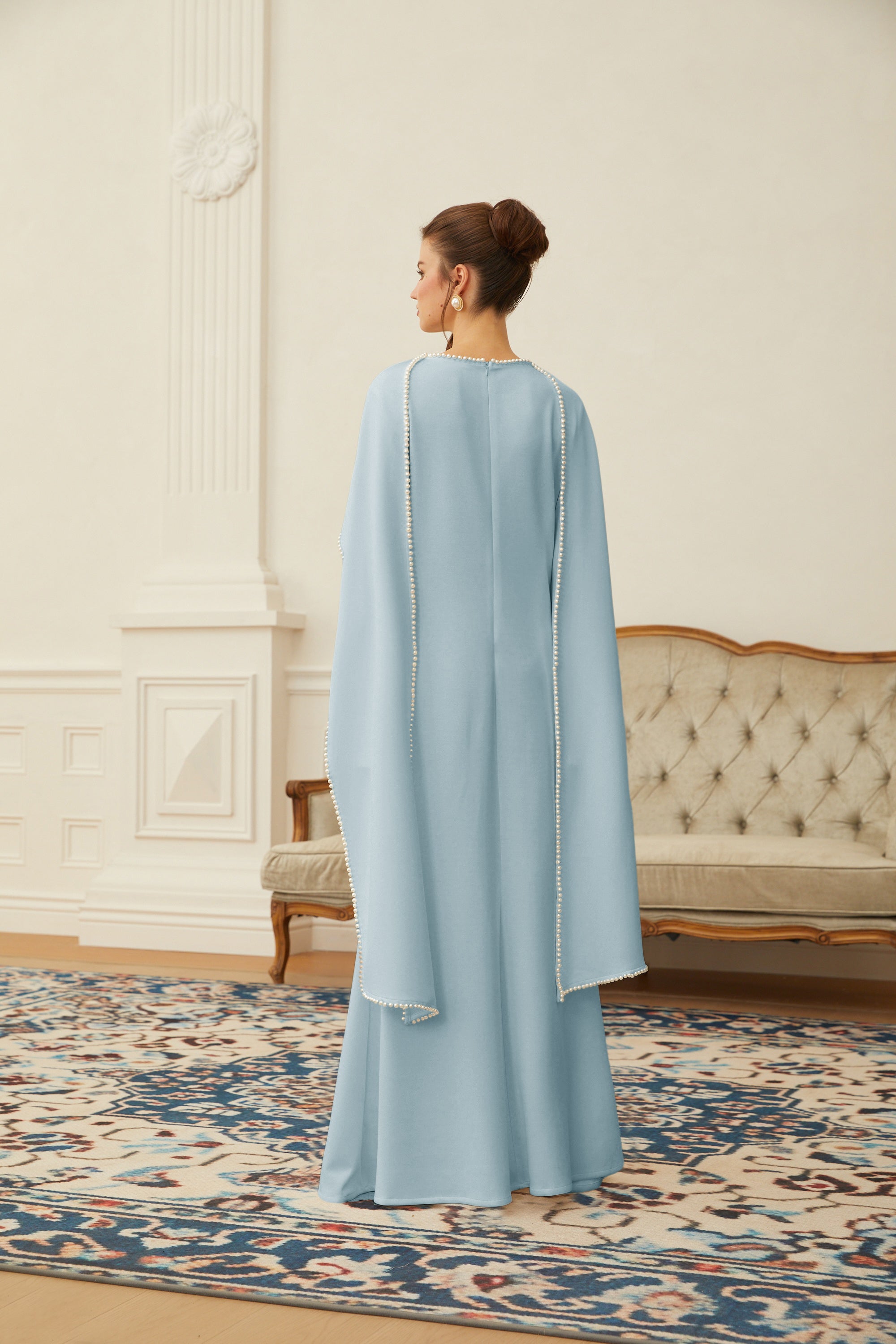Piroska Blue Pearl Trim Shawl Detail Maxi Dress