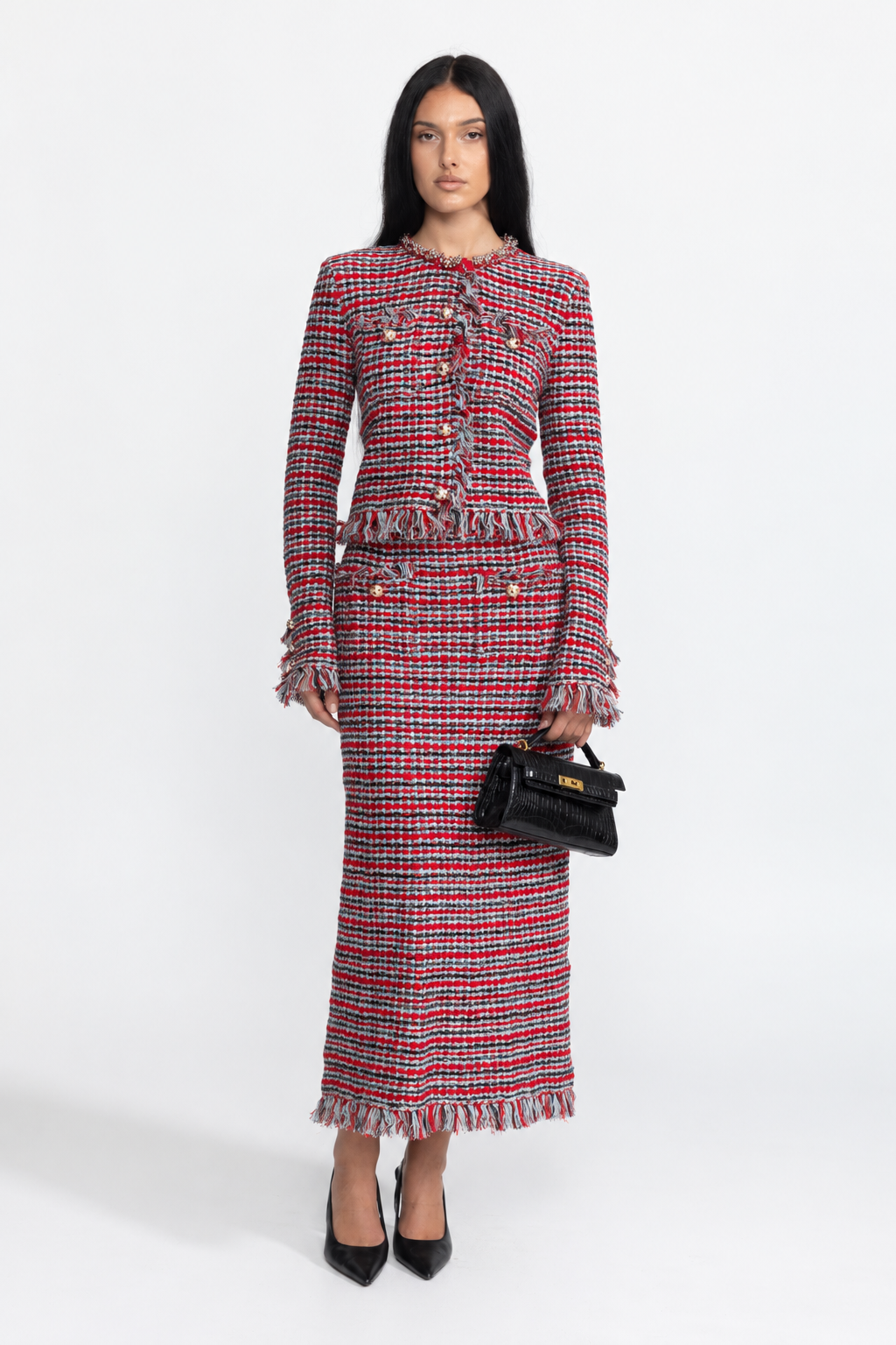 Madeleine Red Multi Fringed Tweed Jacket and Midi Skirt Co-ord Set