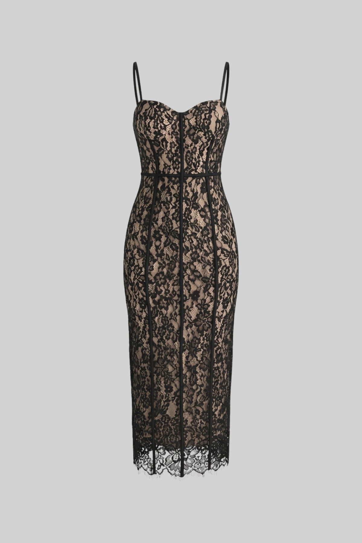 Lace Midi Dress With Sheer Corset Bodice - Black