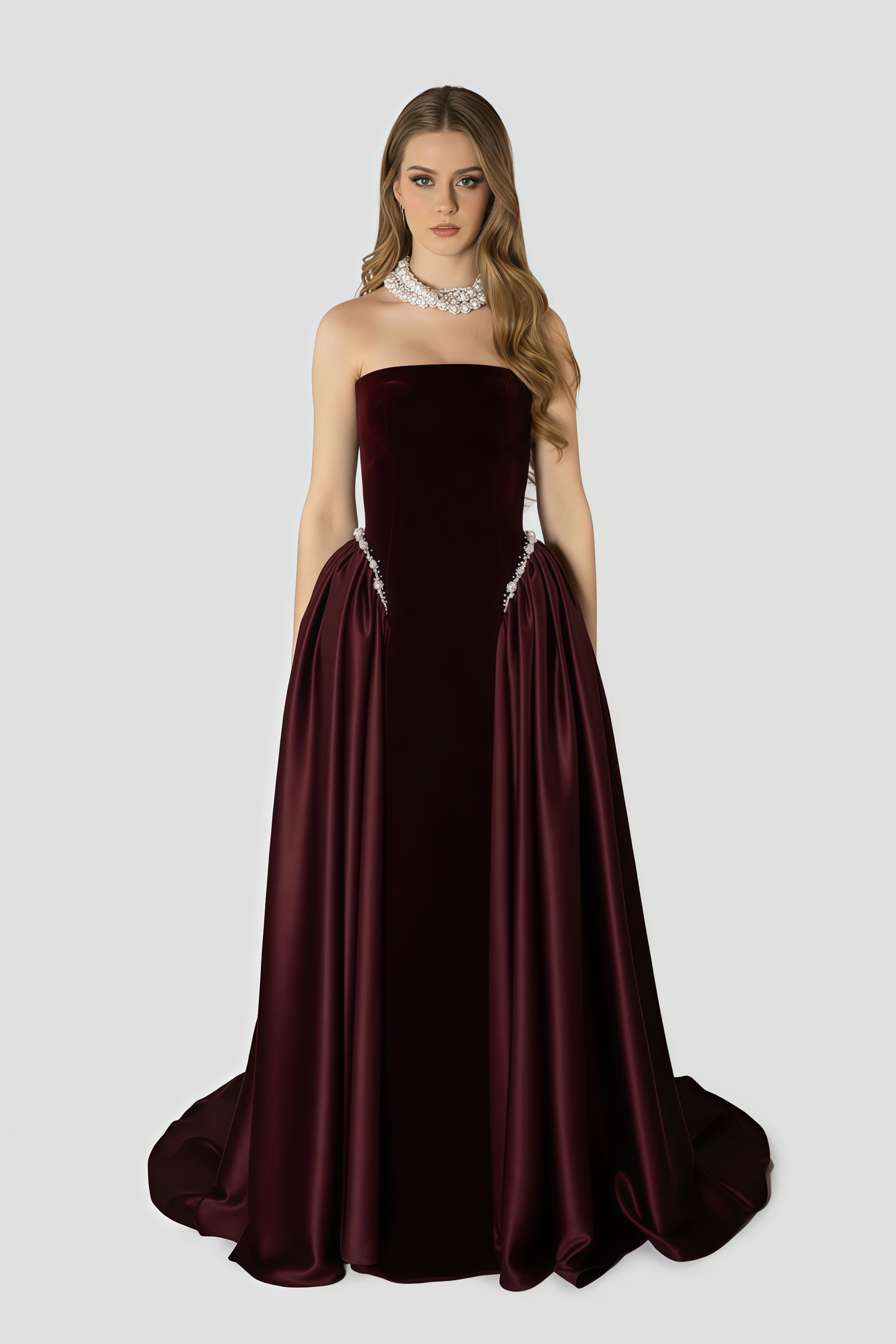 Raffaella Burgundy Pearl Trim Velvet Maxi Gown