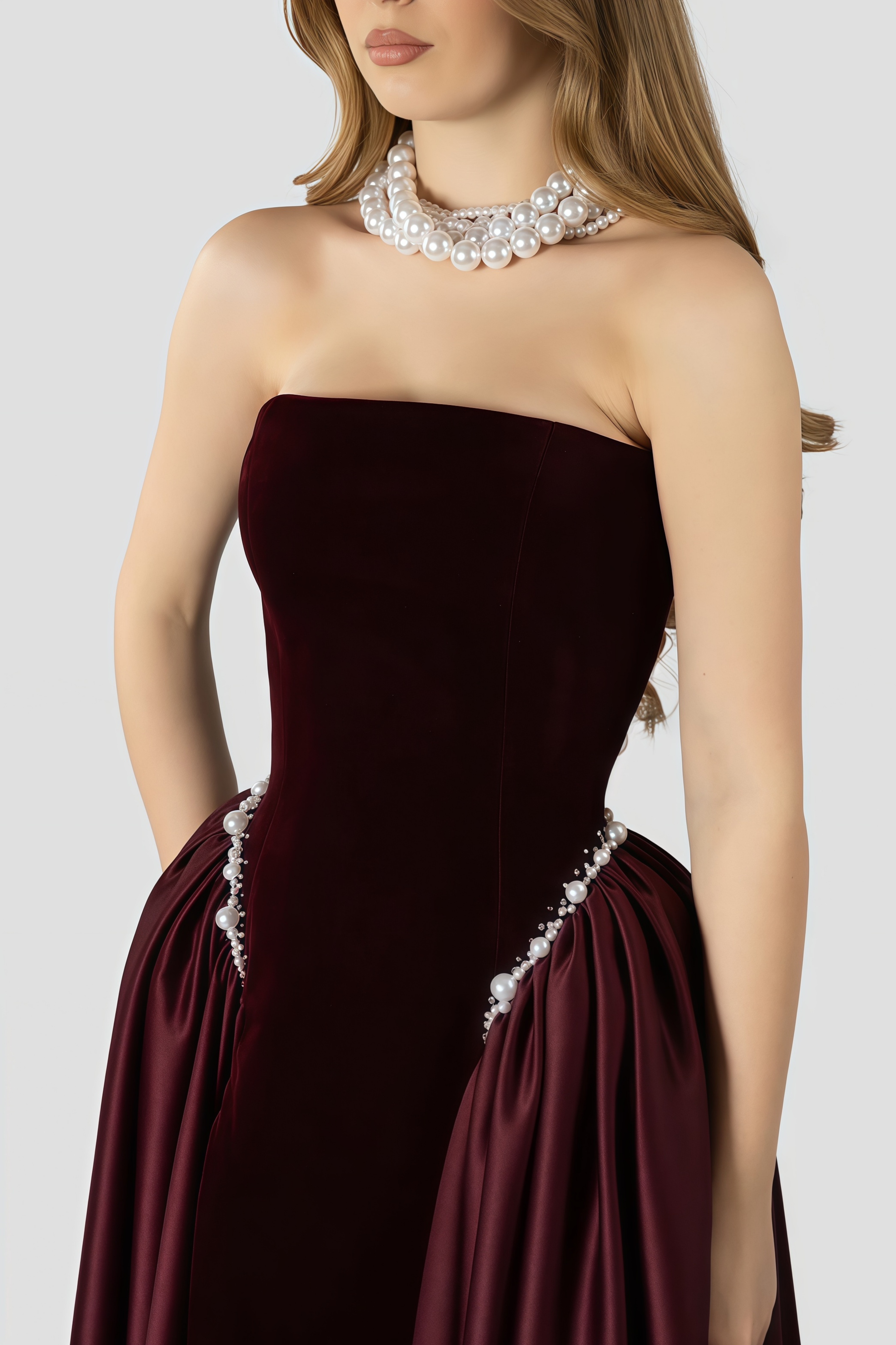 Raffaella Burgundy Pearl Trim Velvet Maxi Gown
