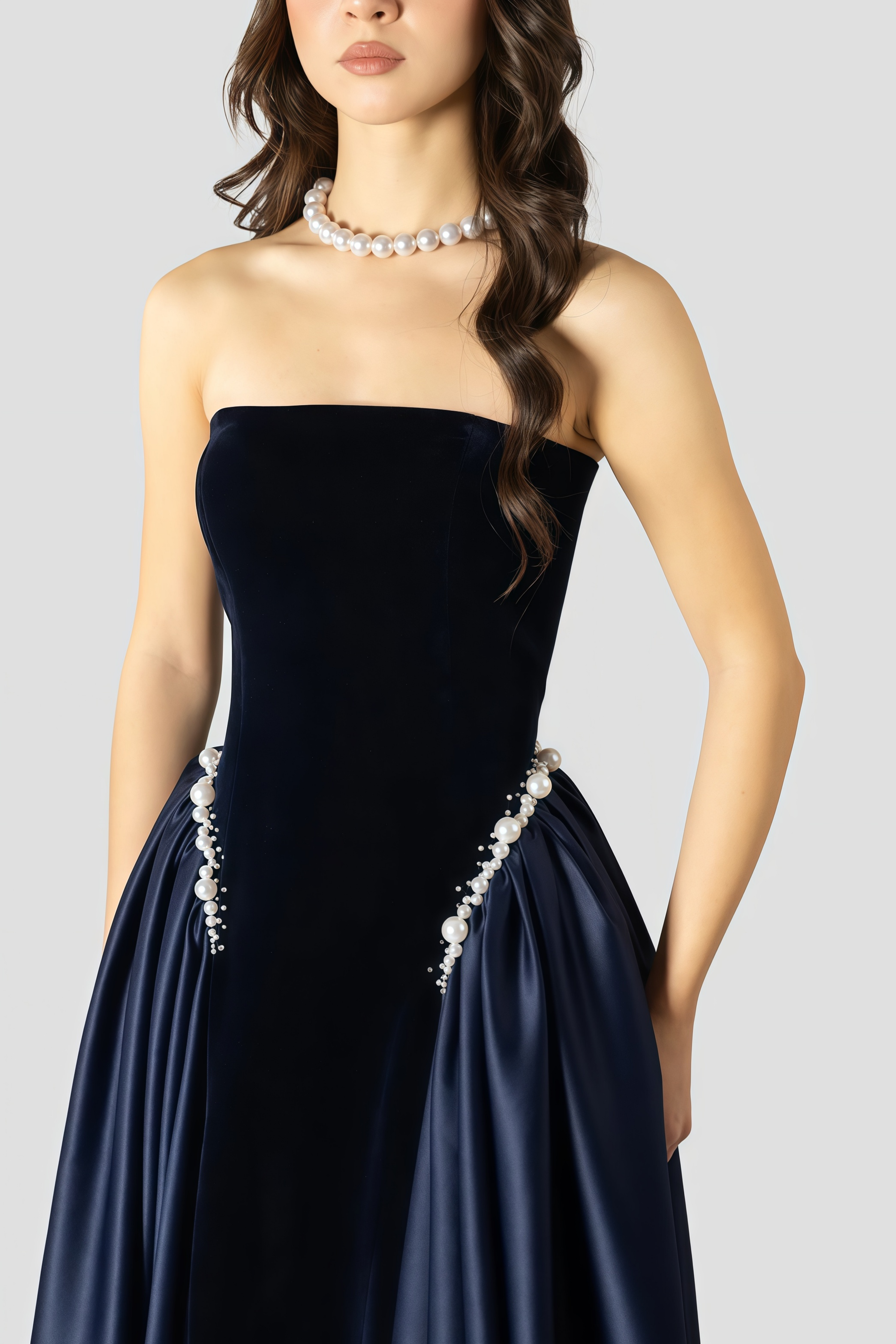 Raffaella Sapphire Pearl Trim Velvet Maxi Gown