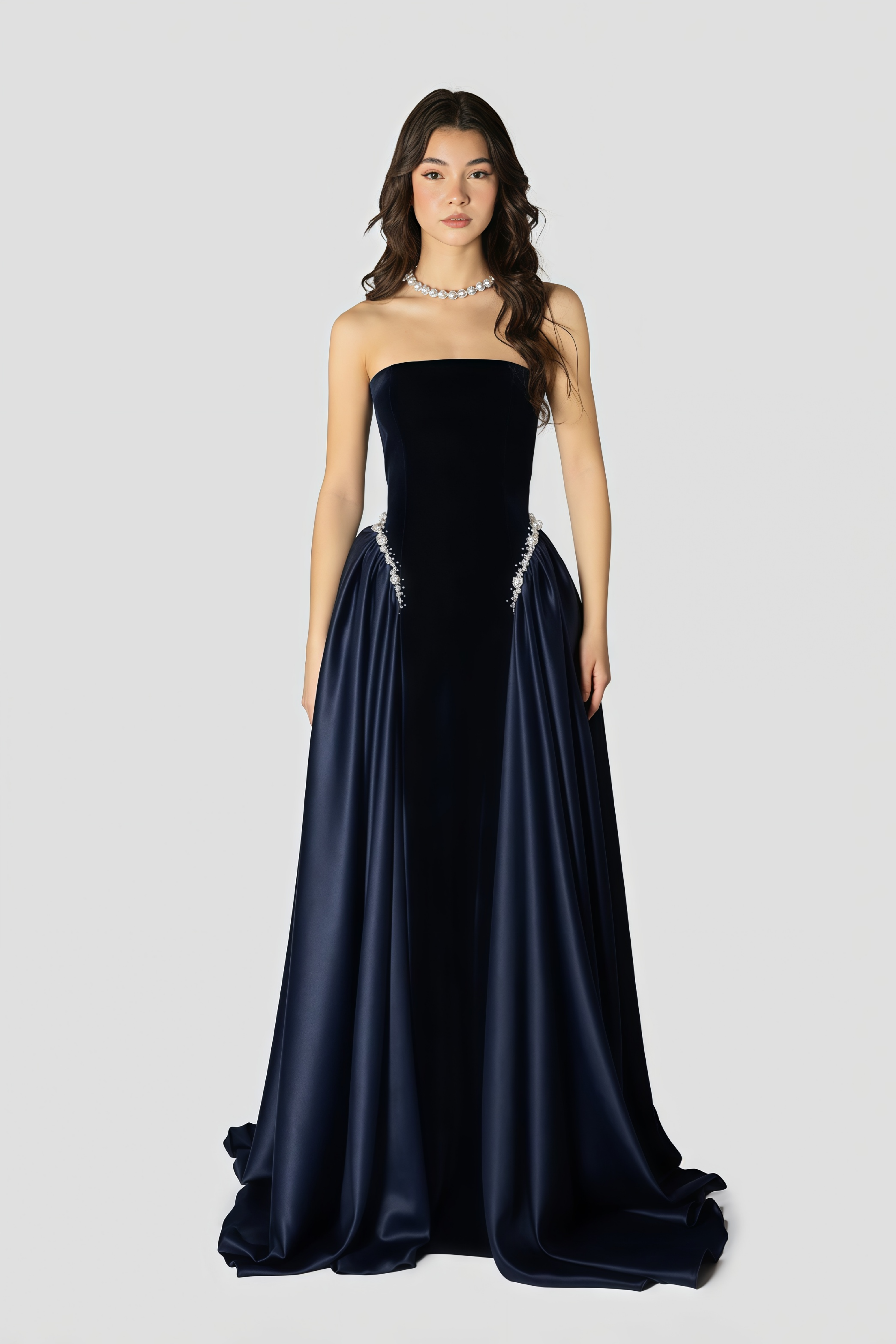 Raffaella Sapphire Pearl Trim Velvet Maxi Gown