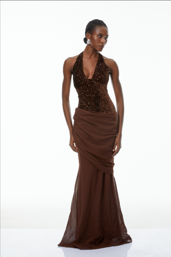 Cherry Chocolate Brown Embellished Ruched Maxi Dress (Final Sale)