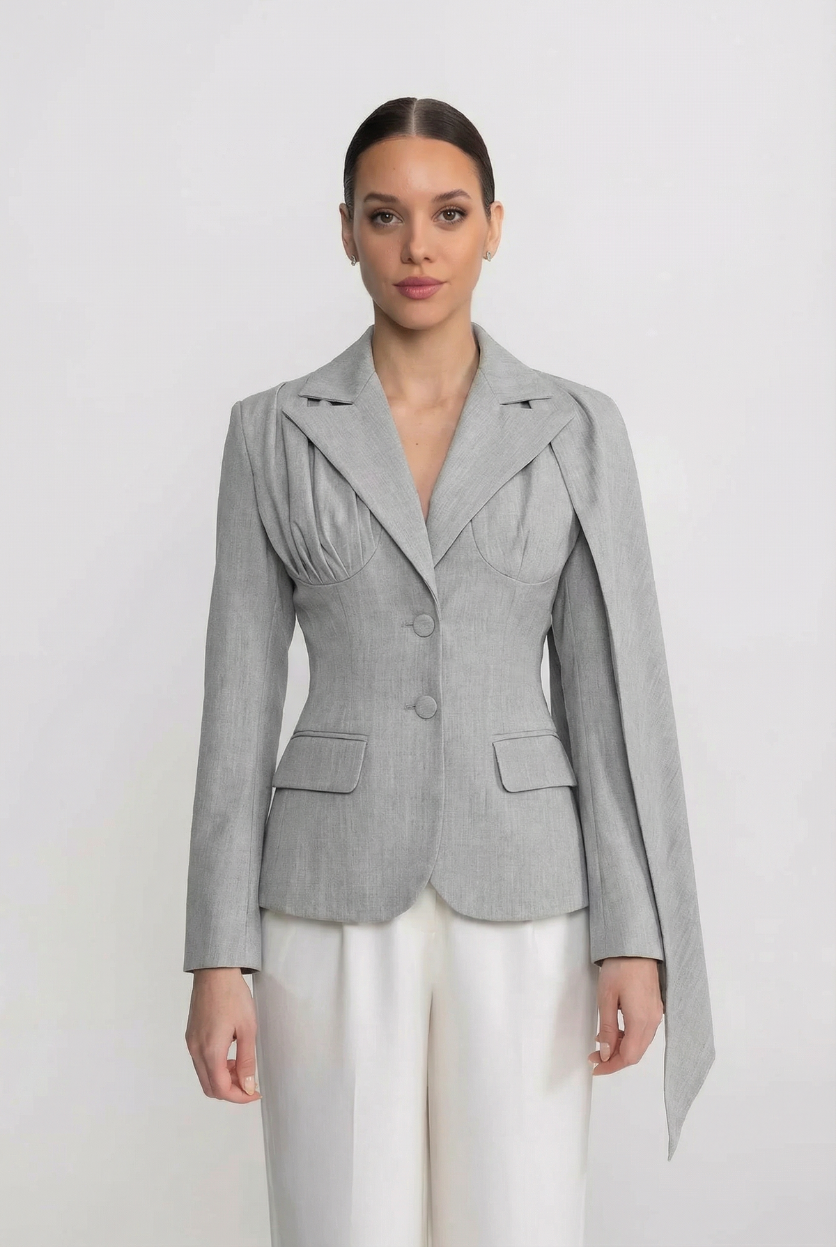 Tailored Long Sleeve Blazer With Draped Cape Panel - Gray