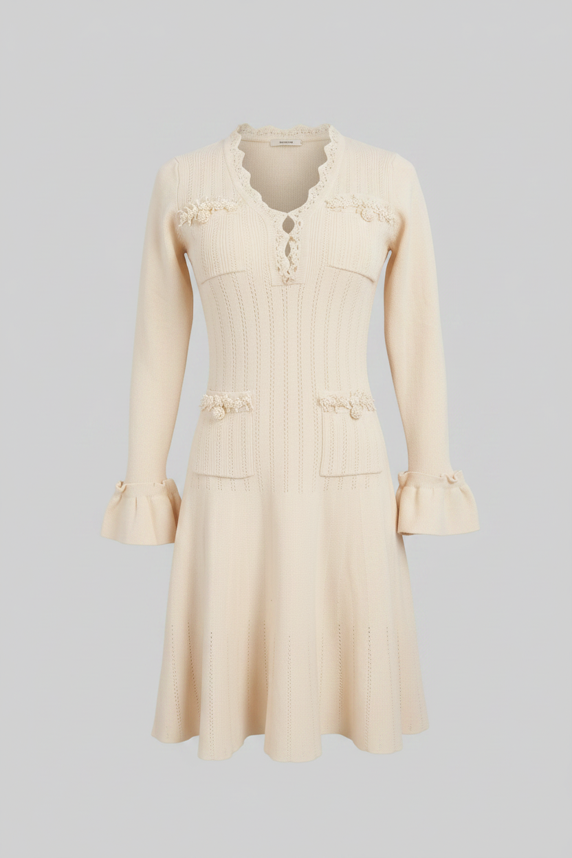 Henriette Ivoire Long-Sleeve V-Neck Knit Mini Dress With Ruffle Hem And Bow Cuffs