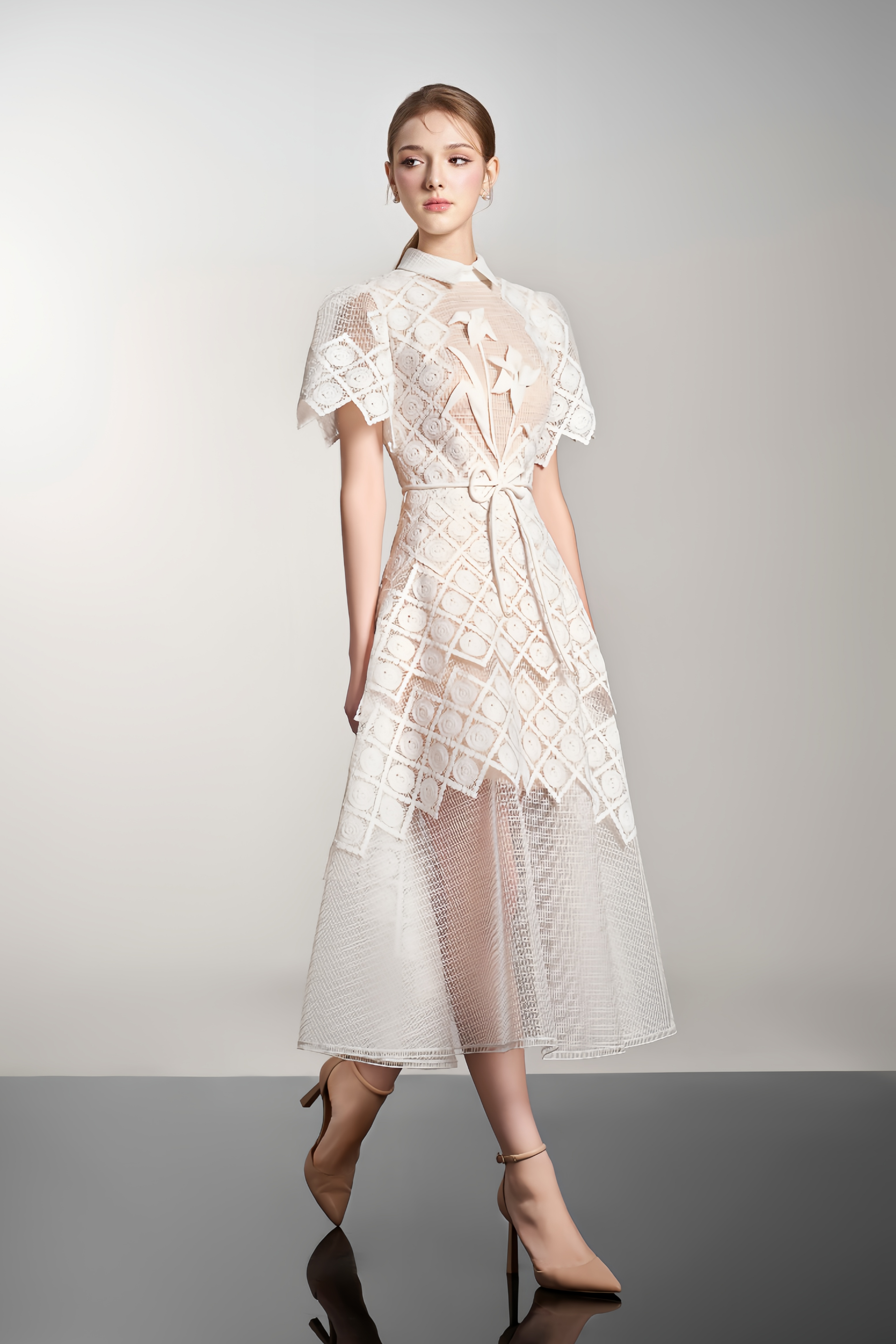 Yasmine White Floral-embroidered Midi Dress