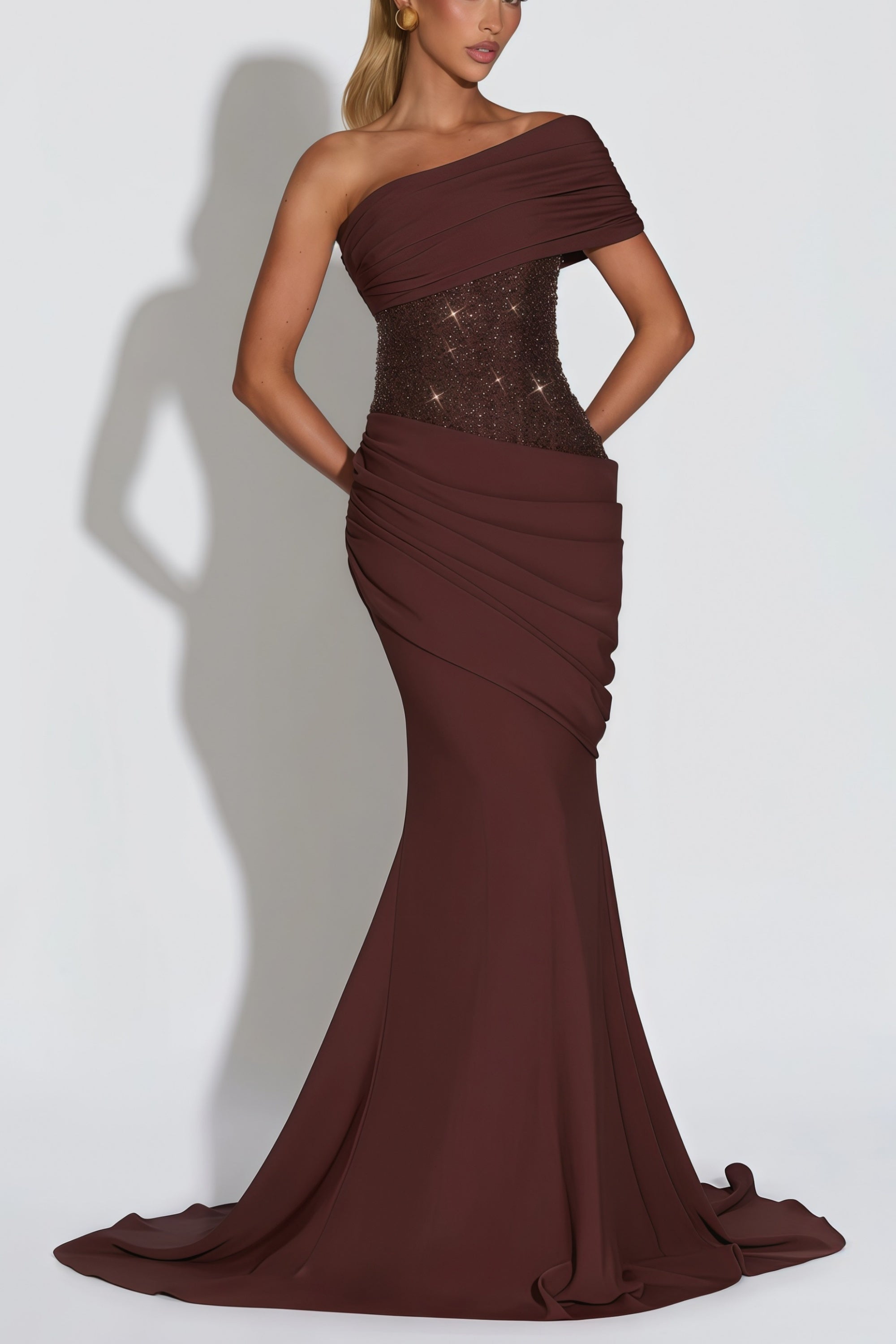 Giada Brown Sequined Asymmetrical Ruched Maxi Gown (Final Sale-US Only)