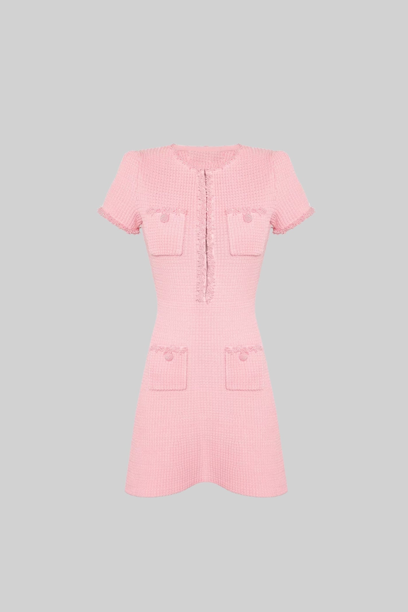 Tweed Mini Dress With Short Sleeves And Buttoned Front Closure - Pink