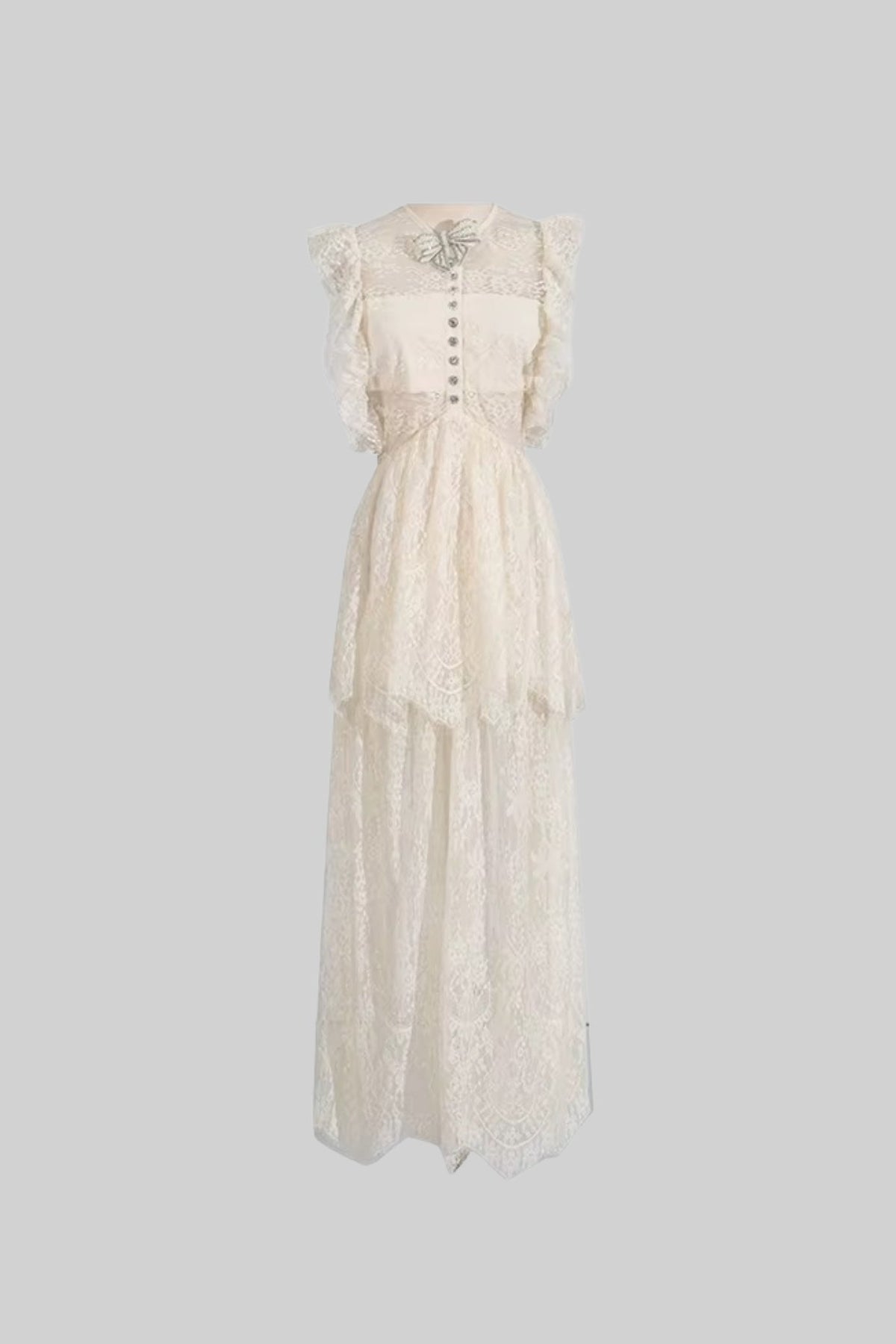 Elegant Vintage-Inspired Lace Dress With Ruffled Details And Layered Skirt - Ivoire
