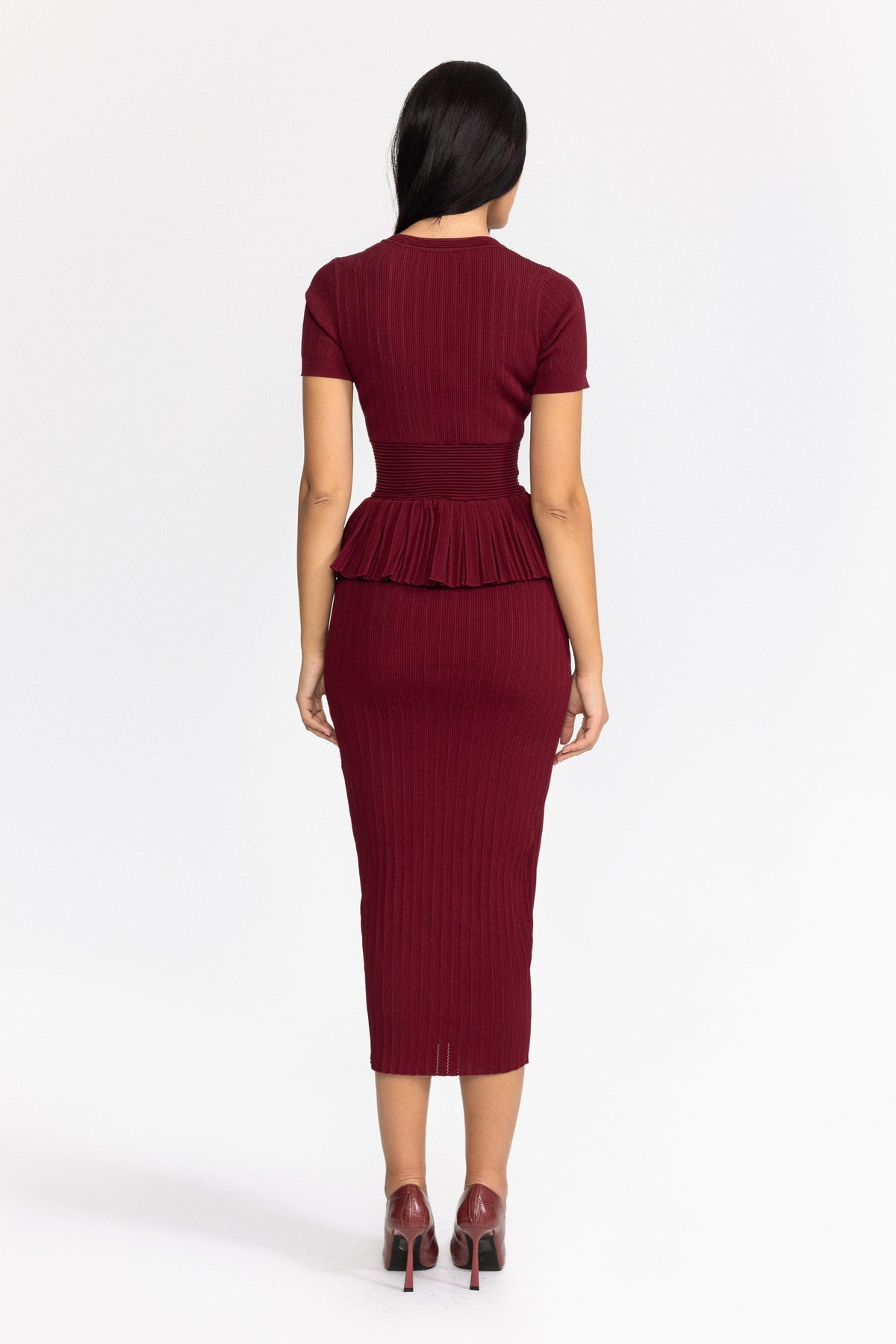 Pleated Peplum Knit Pencil Midi Dress - Wine