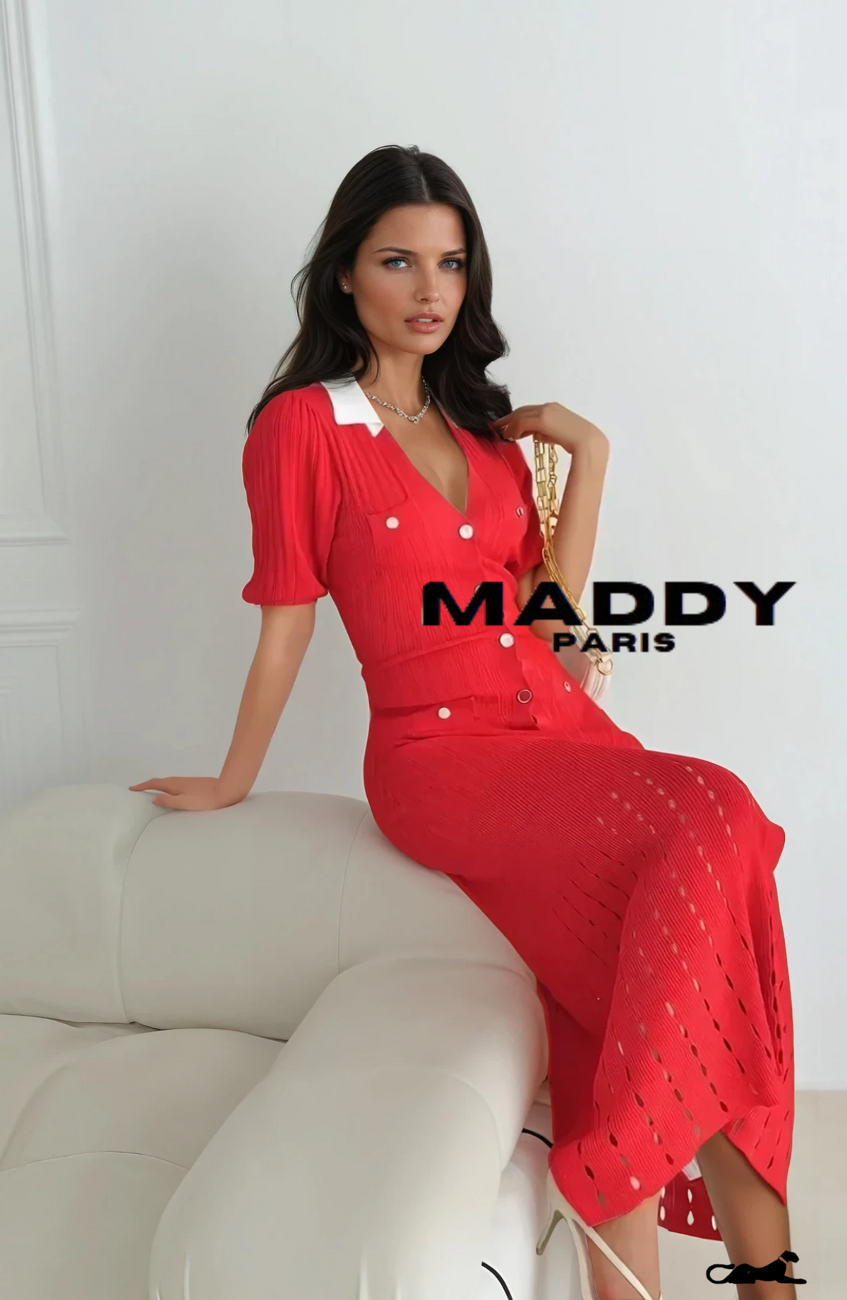 SANDRO VALERIE KNIT MIDI DRESS - RED & WHITE