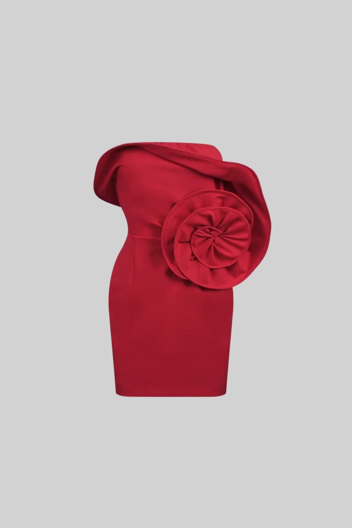 Asymmetrical Off-Shoulder Mini Dress With Oversized Rose Embellishment - Red