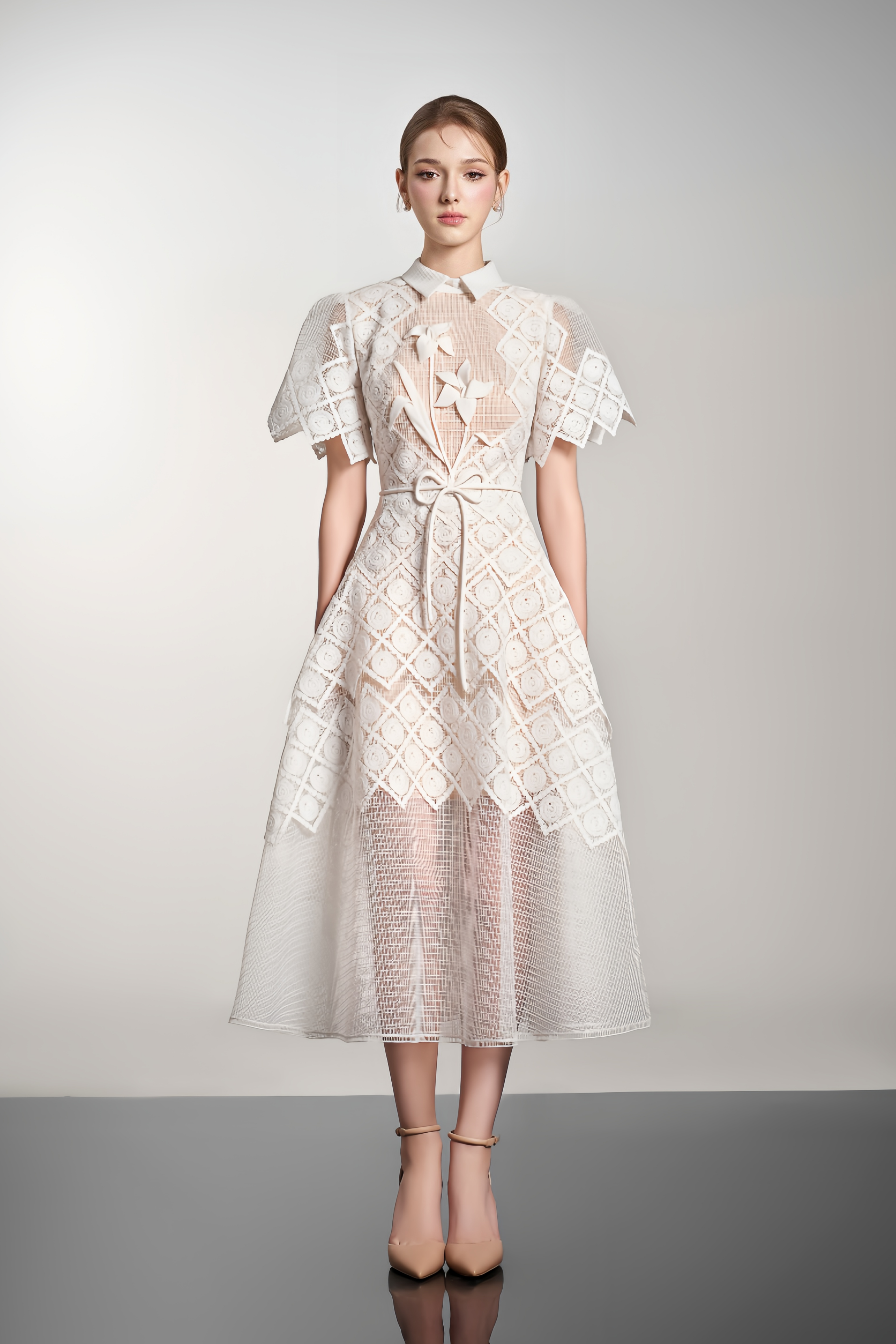 Yasmine White Floral-embroidered Midi Dress