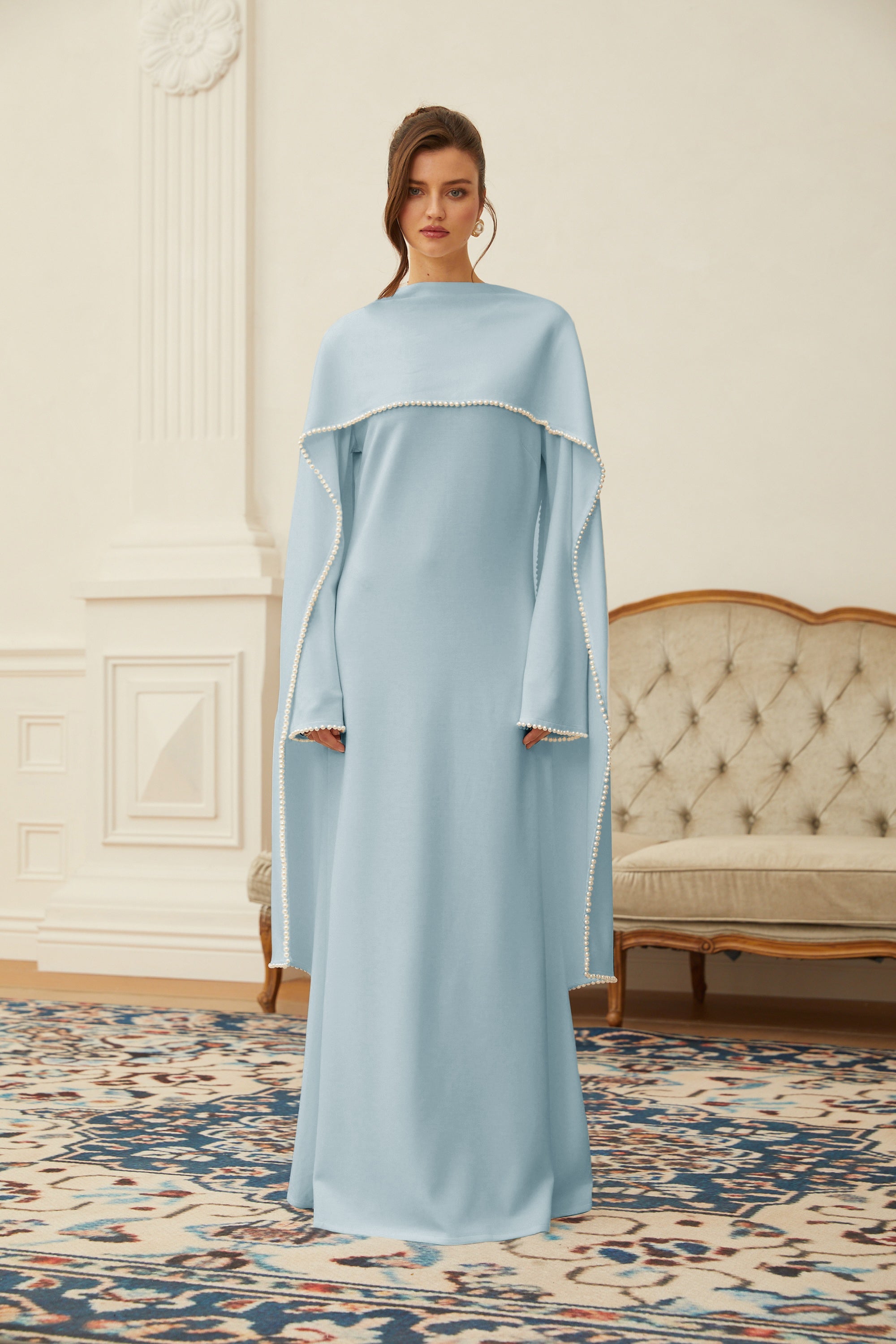 Piroska Blue Pearl Trim Shawl Detail Maxi Dress (Final Sale-US Only)