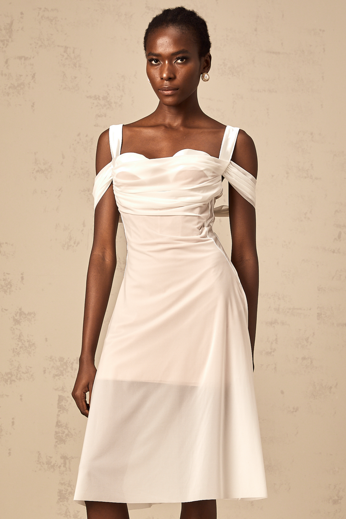 Gloria white semi-sheer ruched midi dress