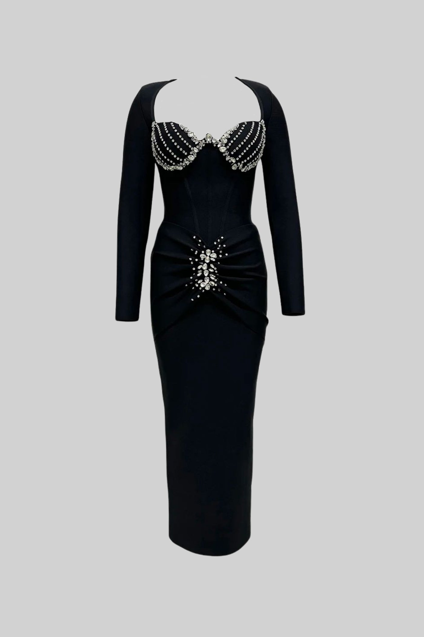 Crystal Embellished Corset Gown With Structured Bustier Bodice – Black