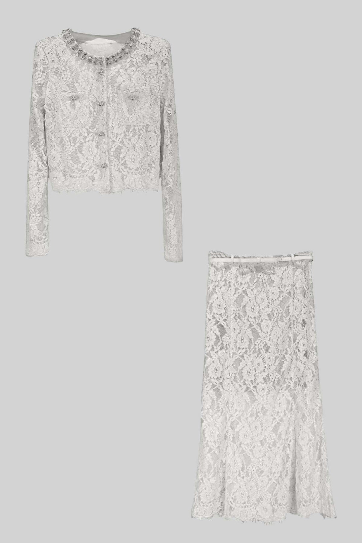 Lace Co-Ord With Sparkling Neckline Embellishments And Midi Skirt - White