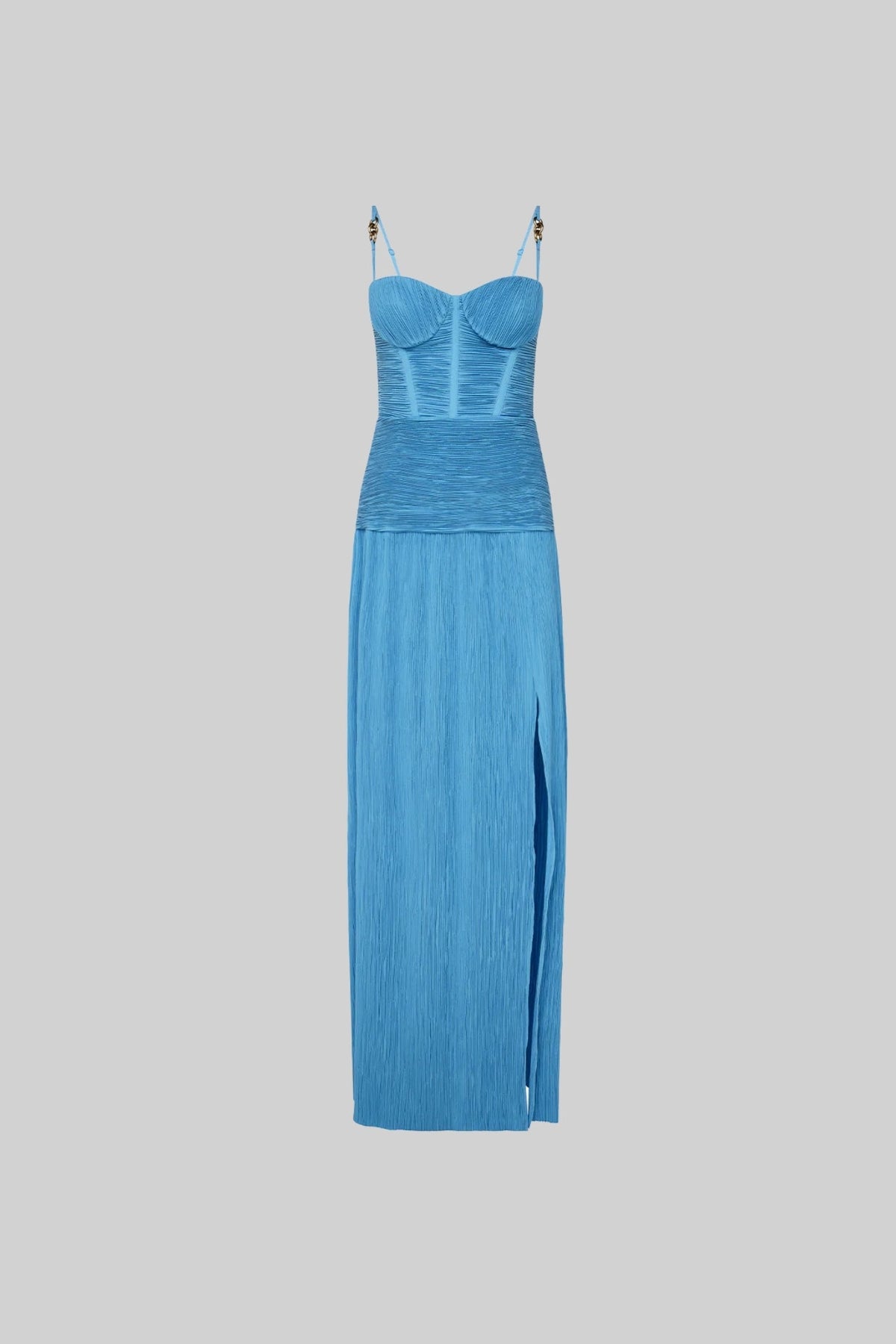 Elegant Dress With Ruched Fitted Bodice And Straight Skirt With Side Slit - Blue