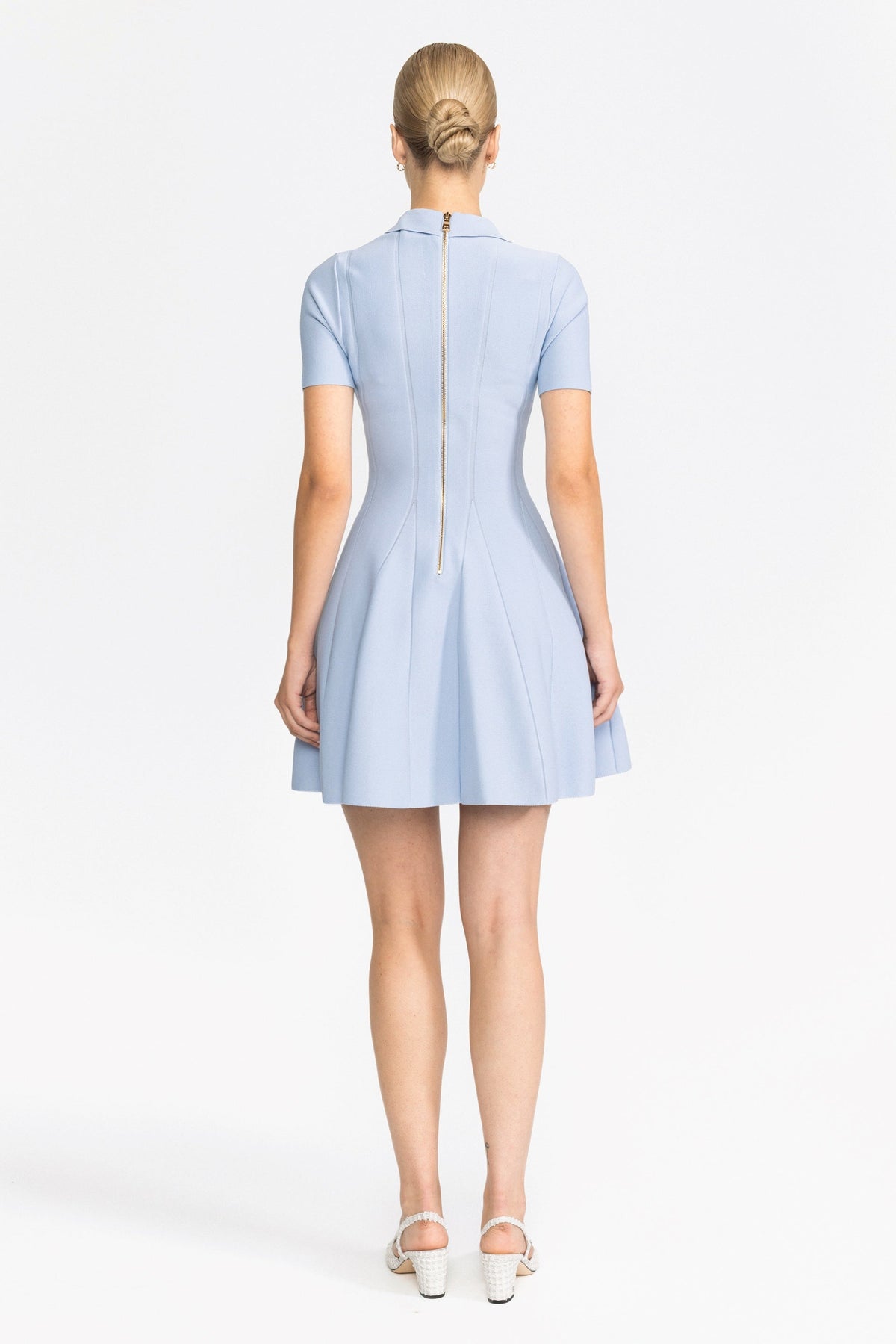 Knit Polo Collar Lion-Button Mini Dress - Light Blue