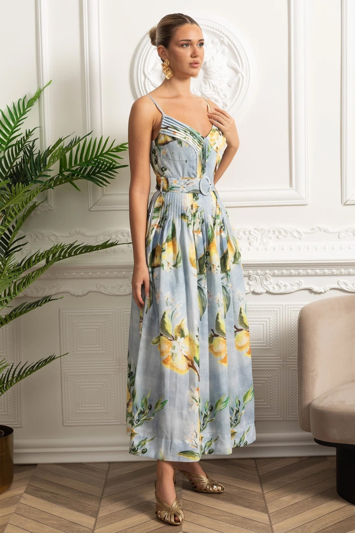 Pleated Bust Belted Midi Dress with Spaghetti Straps - Sky Blue