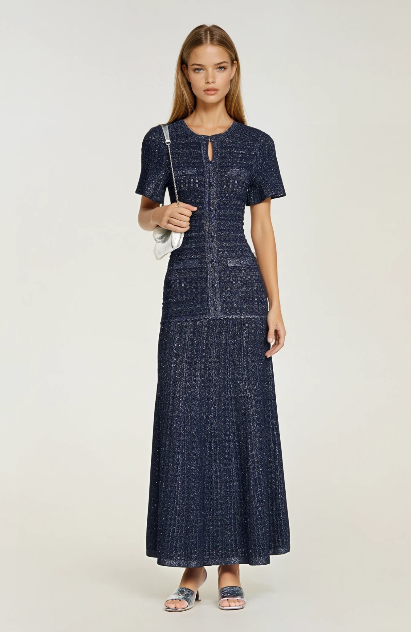 SANDRO STRASS RHINESTONE KNIT MAXI DRESS - DARK BLUE