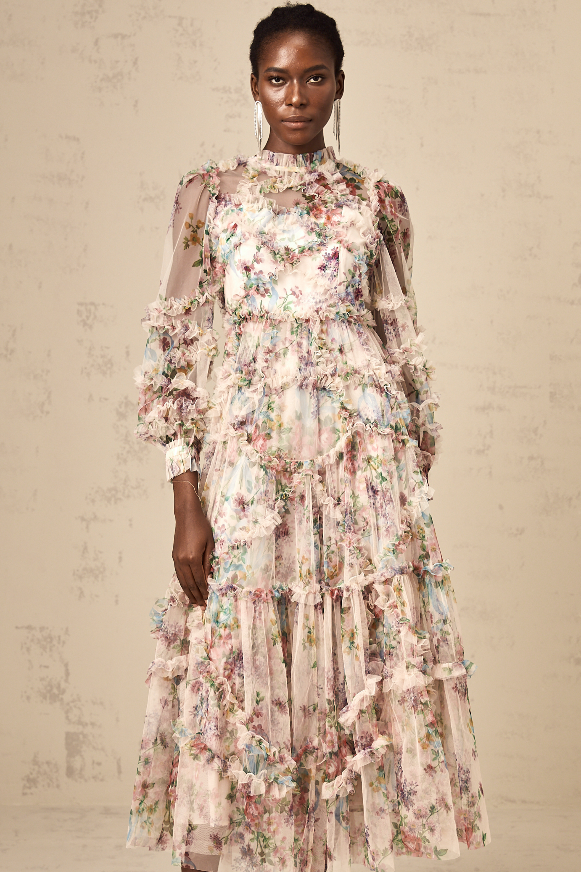 Candice floral ruffled tulle midi dress (US Only)