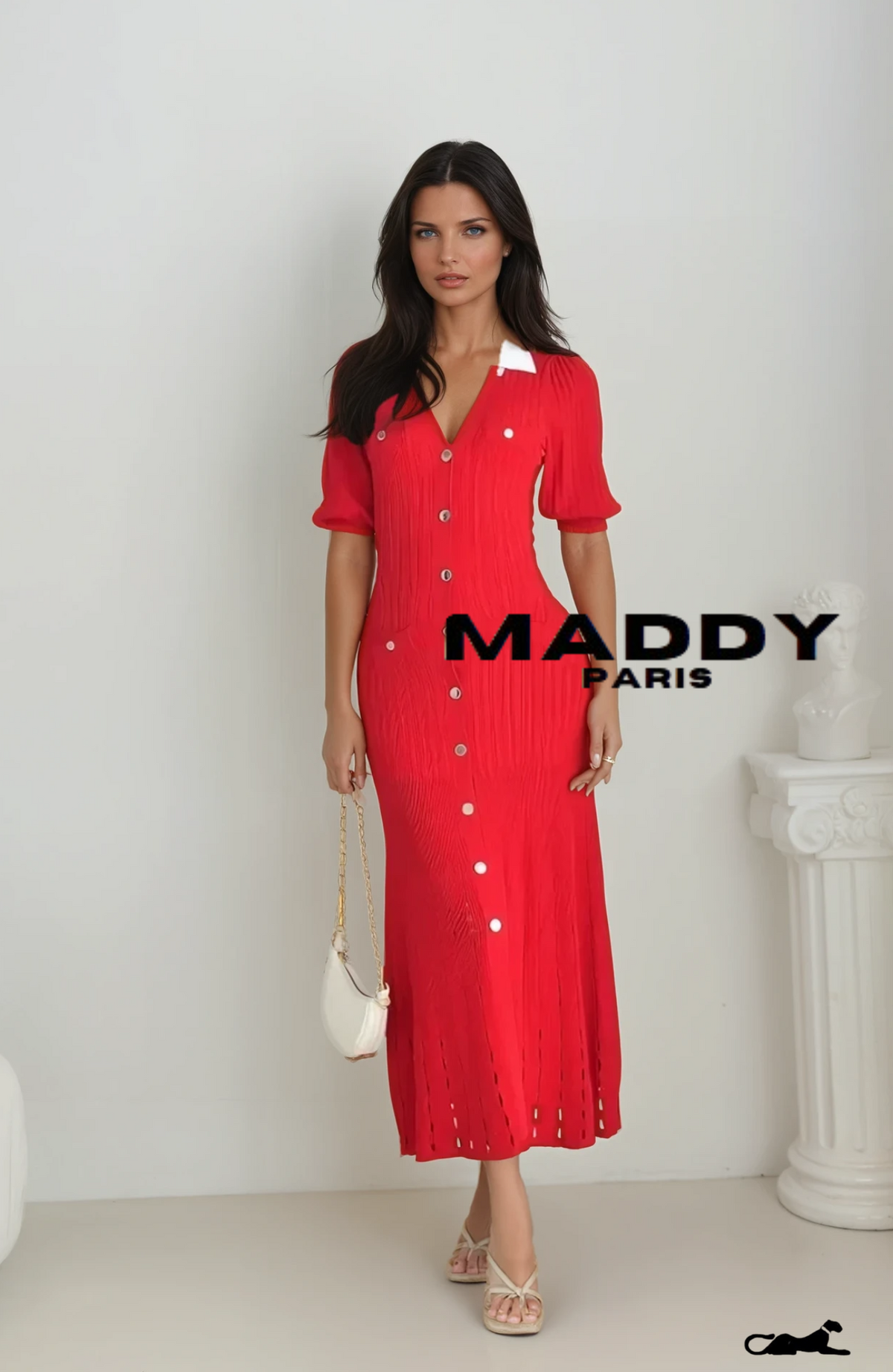 SANDRO VALERIE KNIT MIDI DRESS - RED & WHITE
