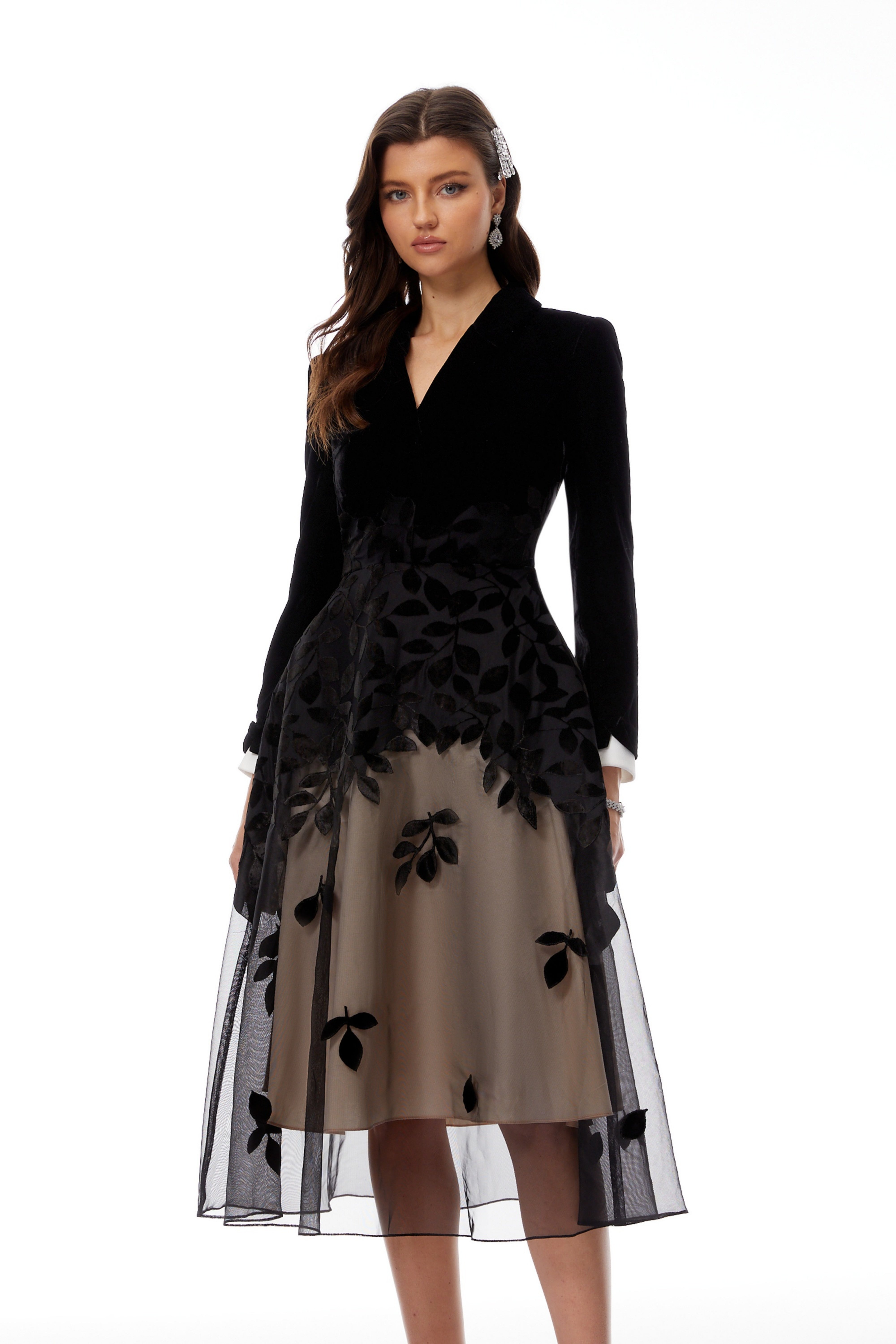 Brielle Black Leaf Embroidered Velvet Midi Dress (Final Sale-US Only)