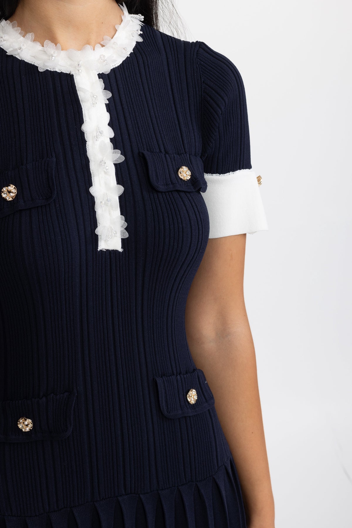 Pleated Knit Ruffle Trim Midi Dress - Navy