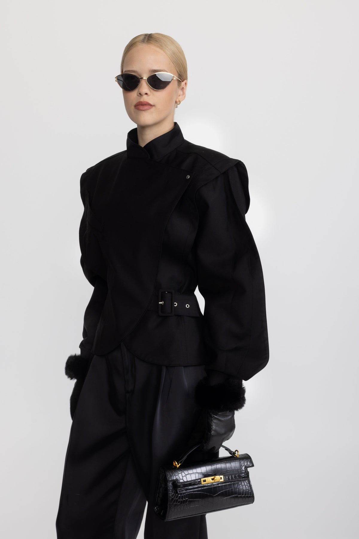 Structured Balloon Sleeve Wrap Jacket - Black
