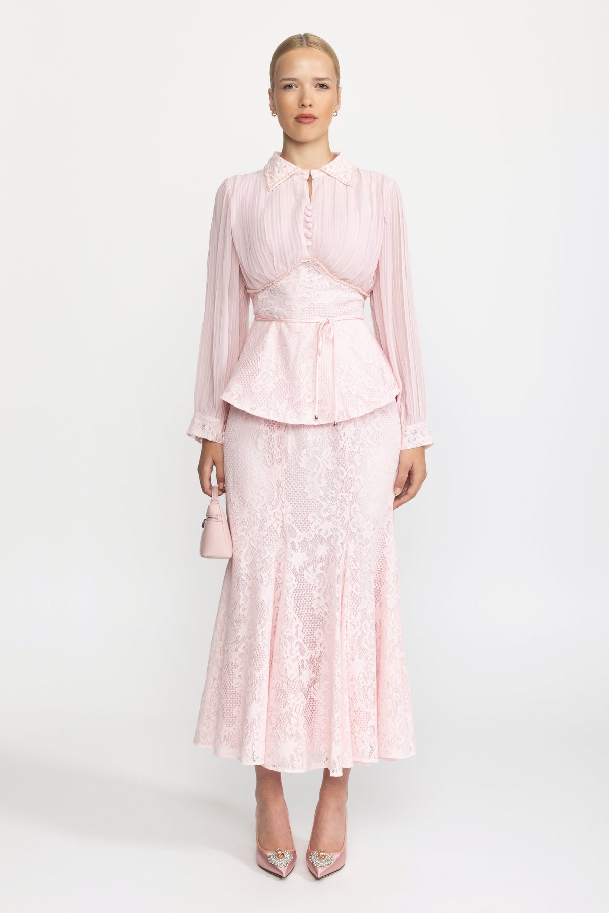 Pleated Chiffon Lace Peplum Blouse and Maxi Skirt Set - Pink
