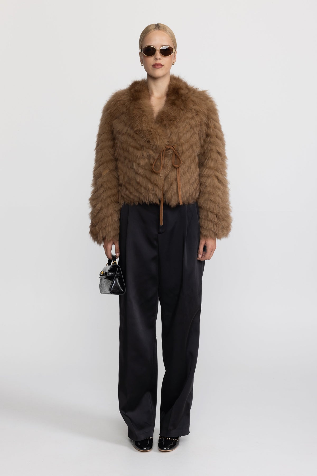 Chevron Fox Fur Cropped Tie Jacket - Camel