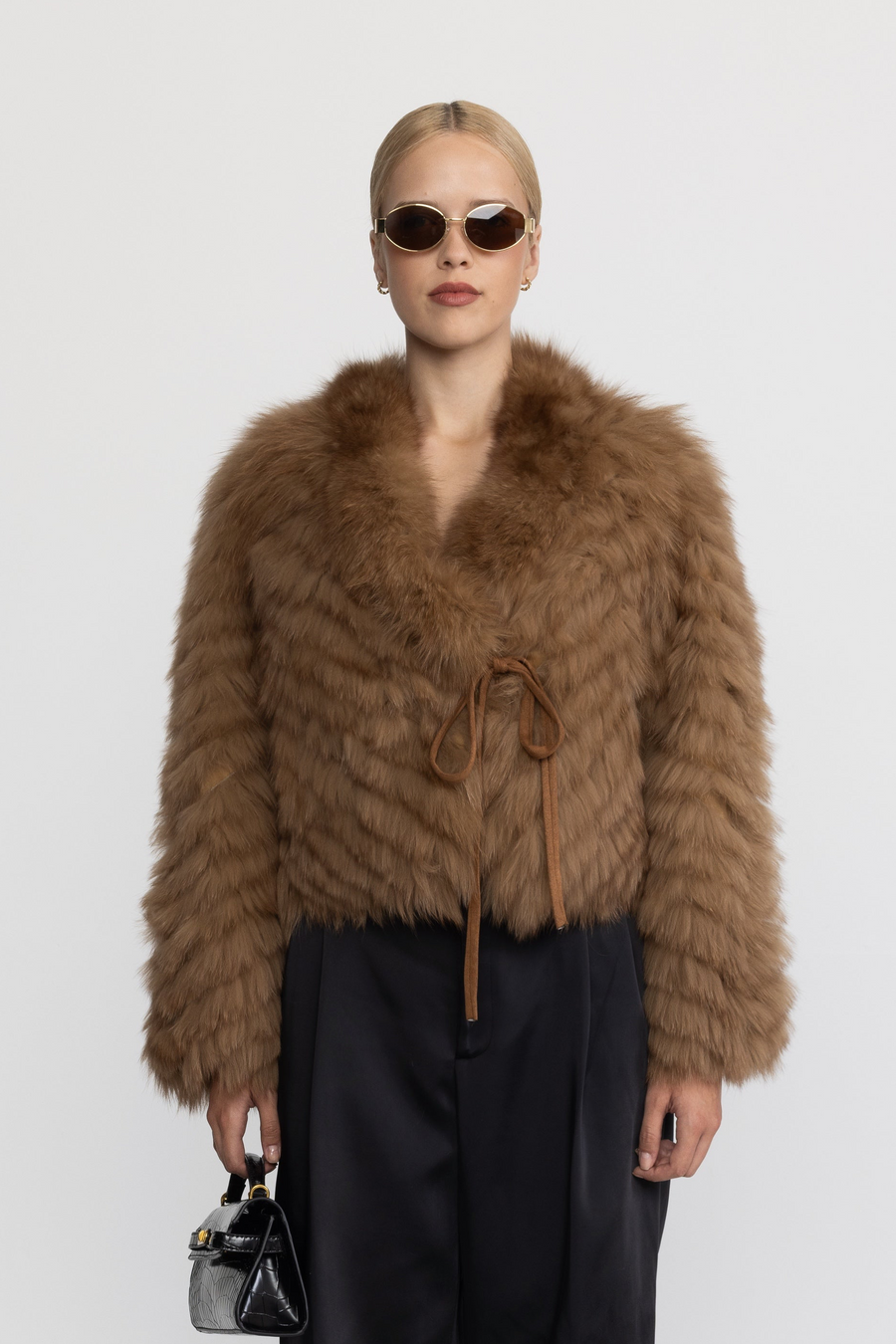 Brigitte Chevron Fox Fur Cropped Tie Jacket - Camel