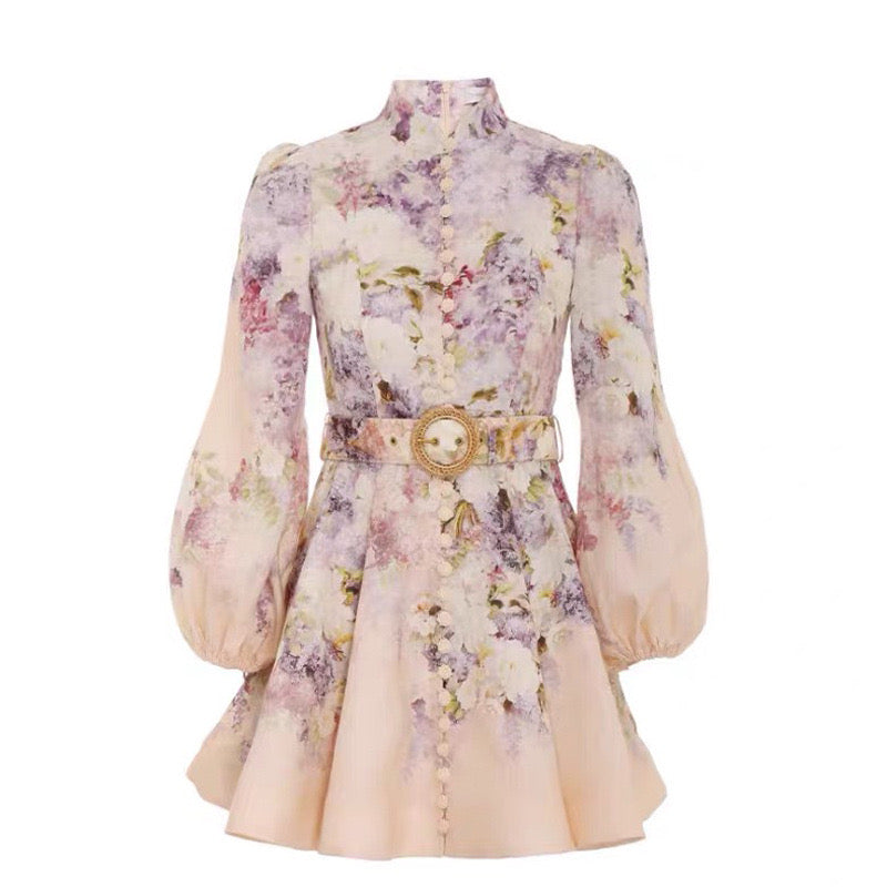 MADDY FLORAL COTTON LINEN FLORAL MINI DRESS - Pink