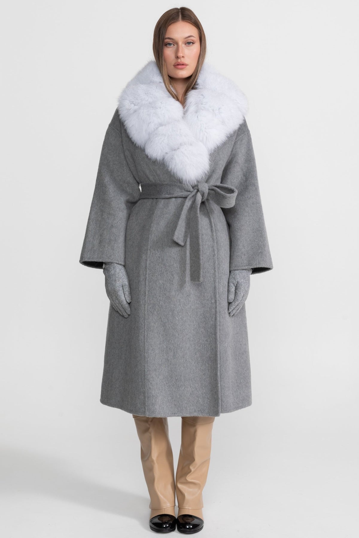 Wool Wrap Coat with Fox Fur Collar And Tie Belt – Gray