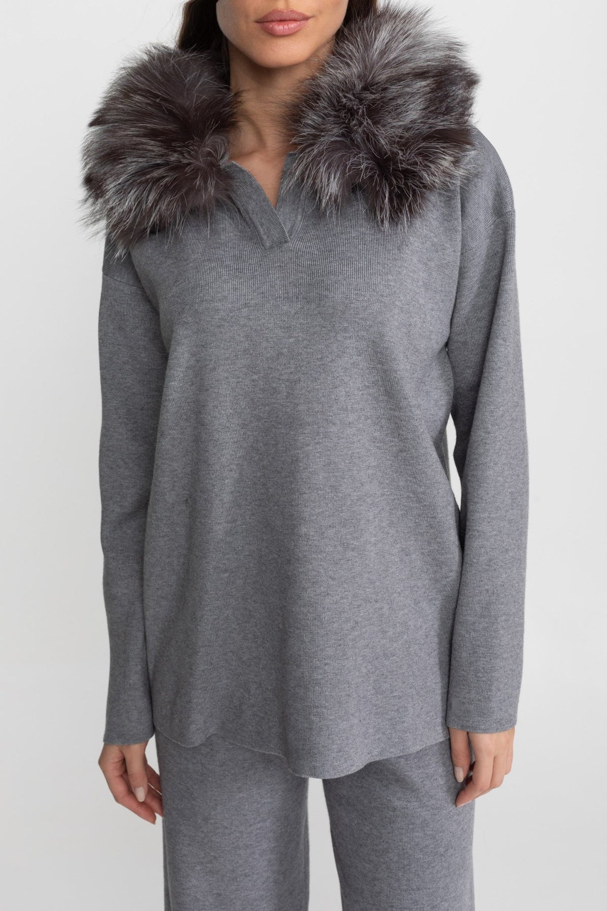 Elodie Grey Knit Lounge Co-Ord Set with Fox Fur Collar