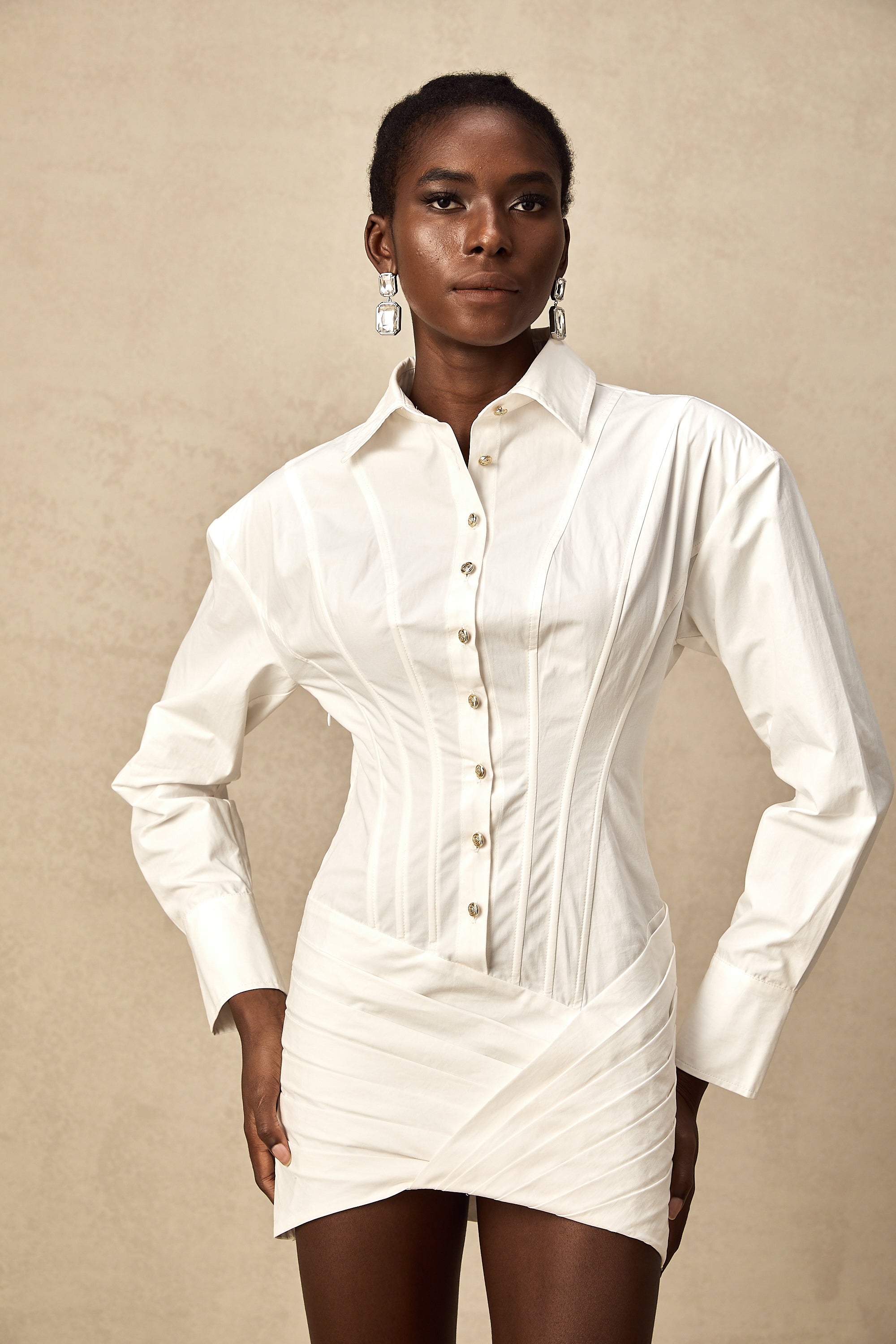 Orlane white cinched-waist pleated mini shirt dress (US Only)