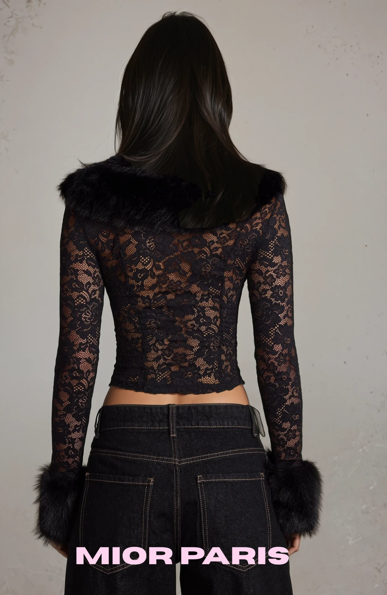 CELIA Faux Fur-Trim Lace Cardigan and skirt set in Jet Black