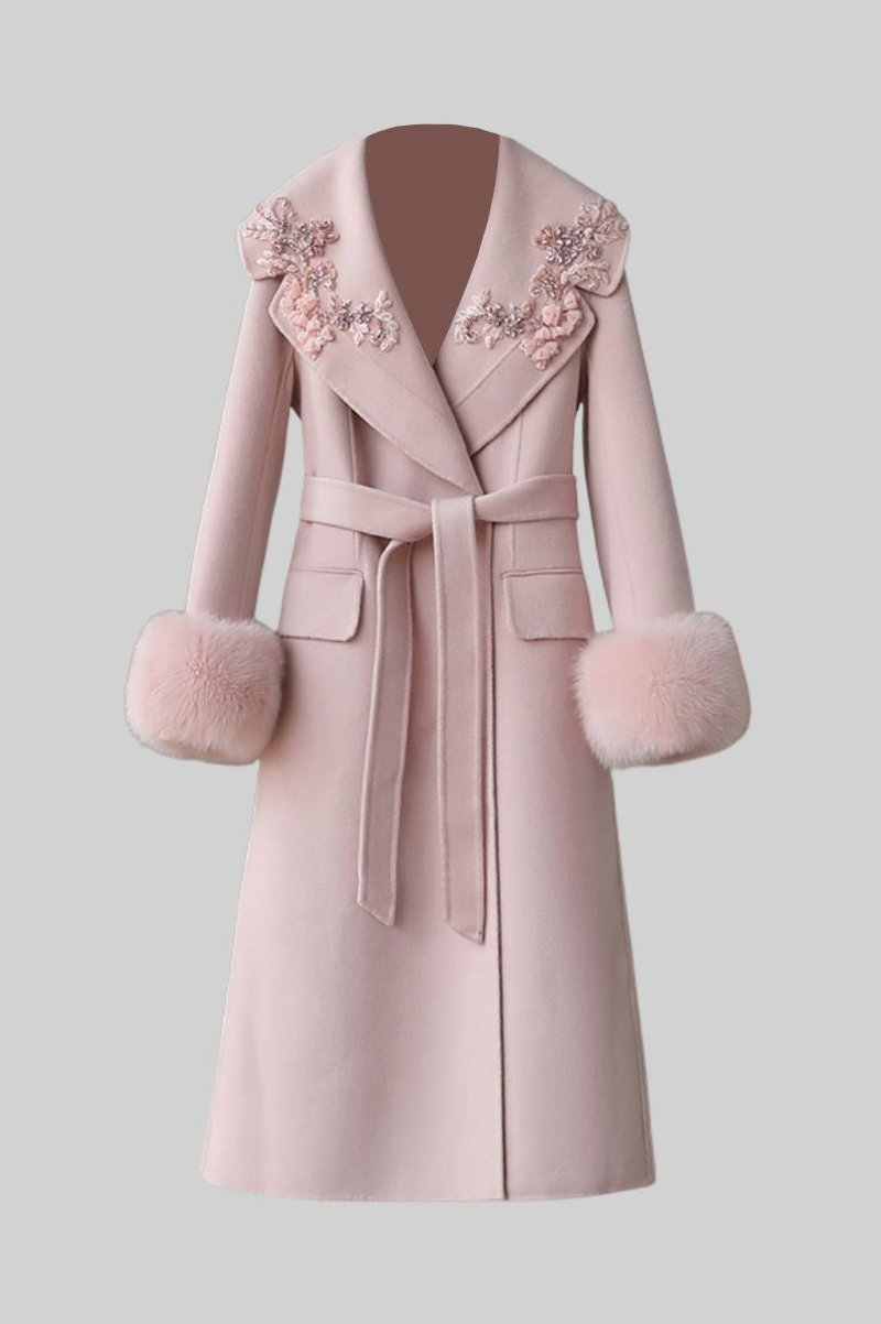 Cashmere Overcoat With Fox Fur Cuffs And 3D Floral Detailing - Pink