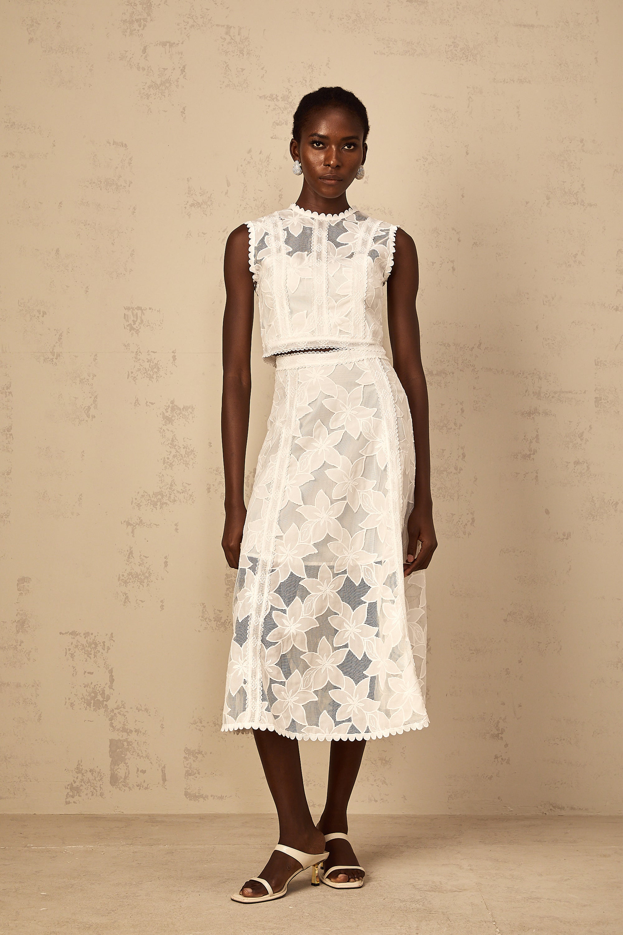 Mailys Floral Embroidered Top & Skirt Set in White