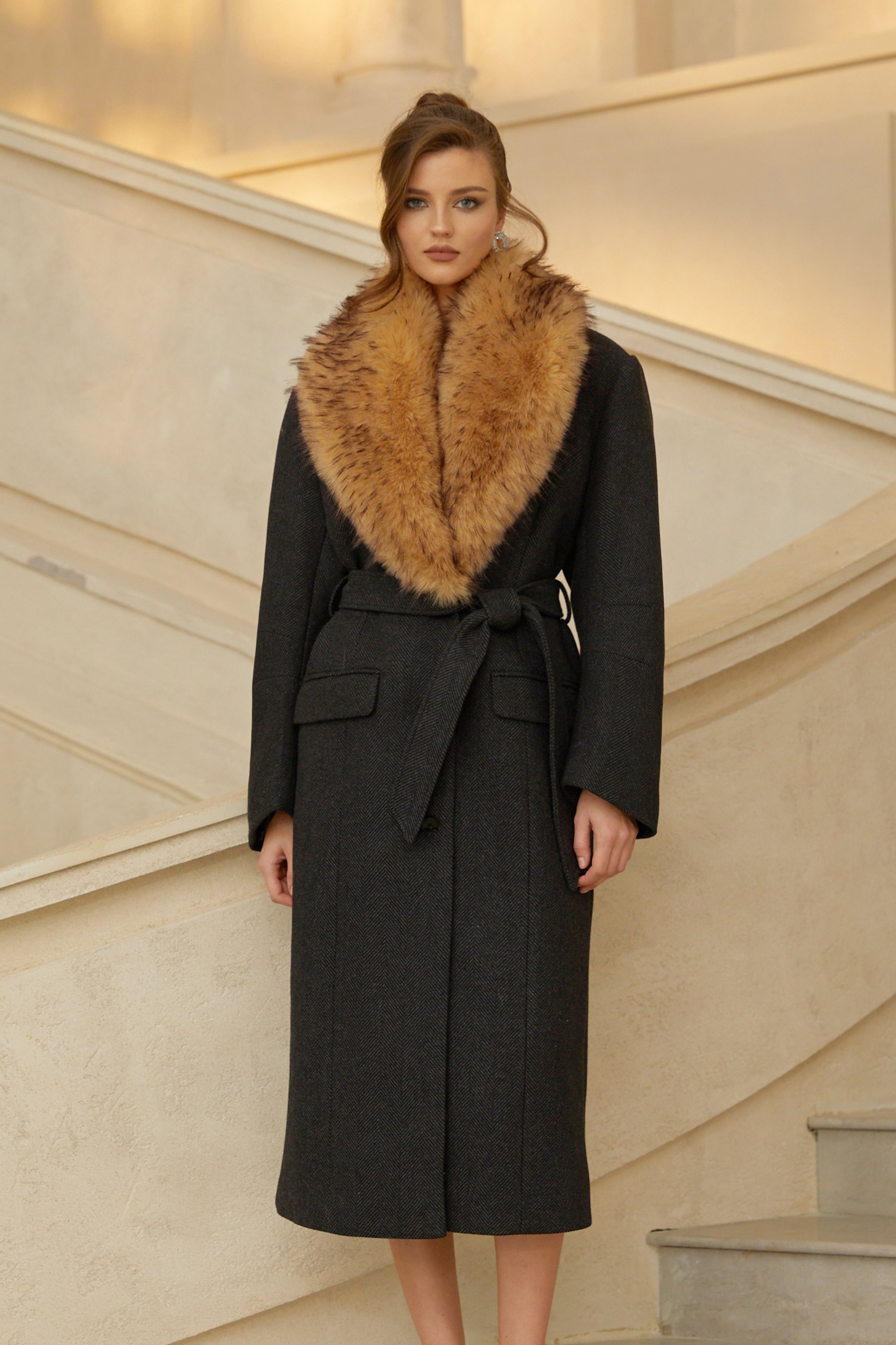 Fable Black Fur Lapel Long Tweed Coat