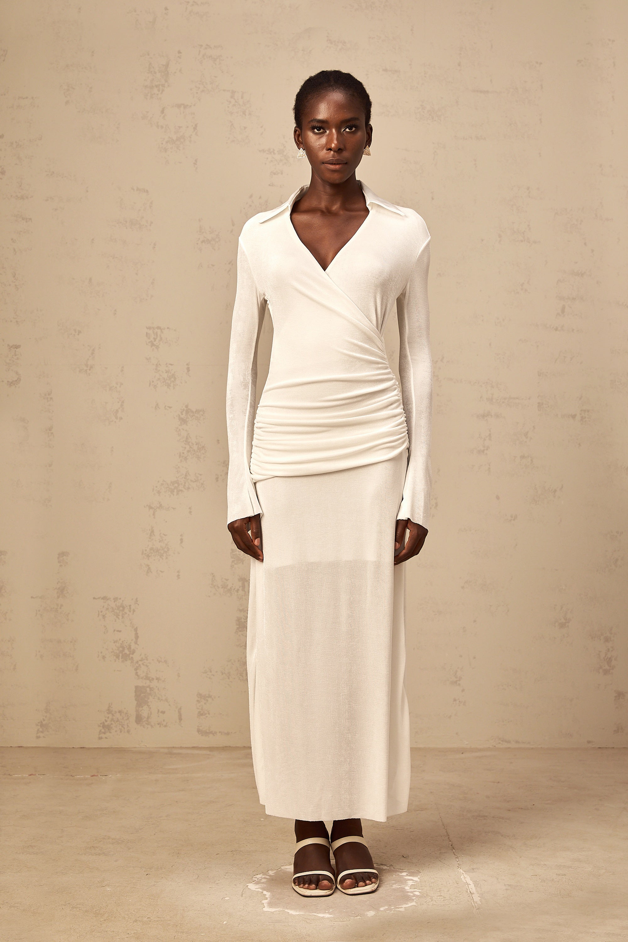 Térébenthine white ruched knit maxi dress