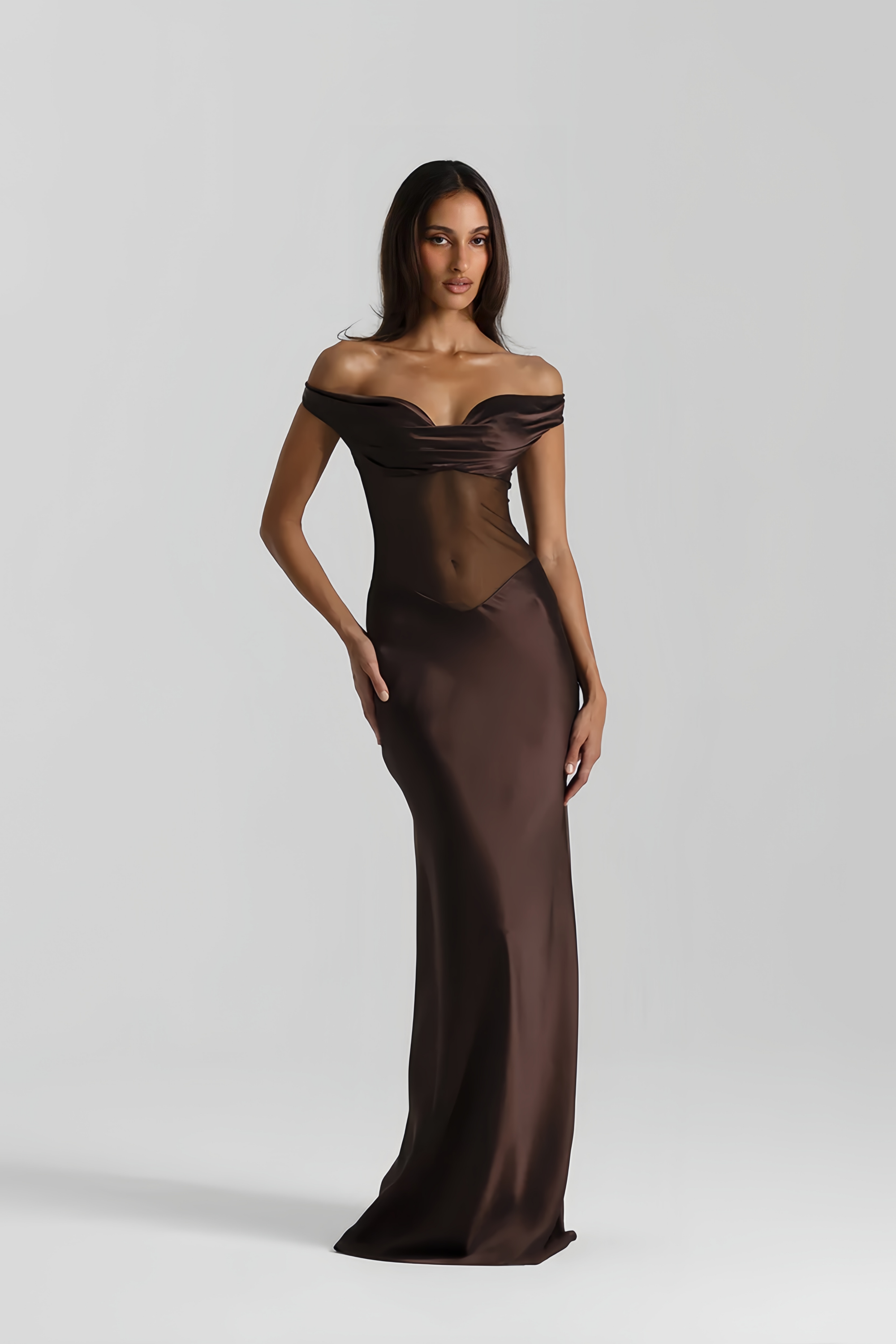 Gitta Brown Off Shoulder Satin Maxi Gown