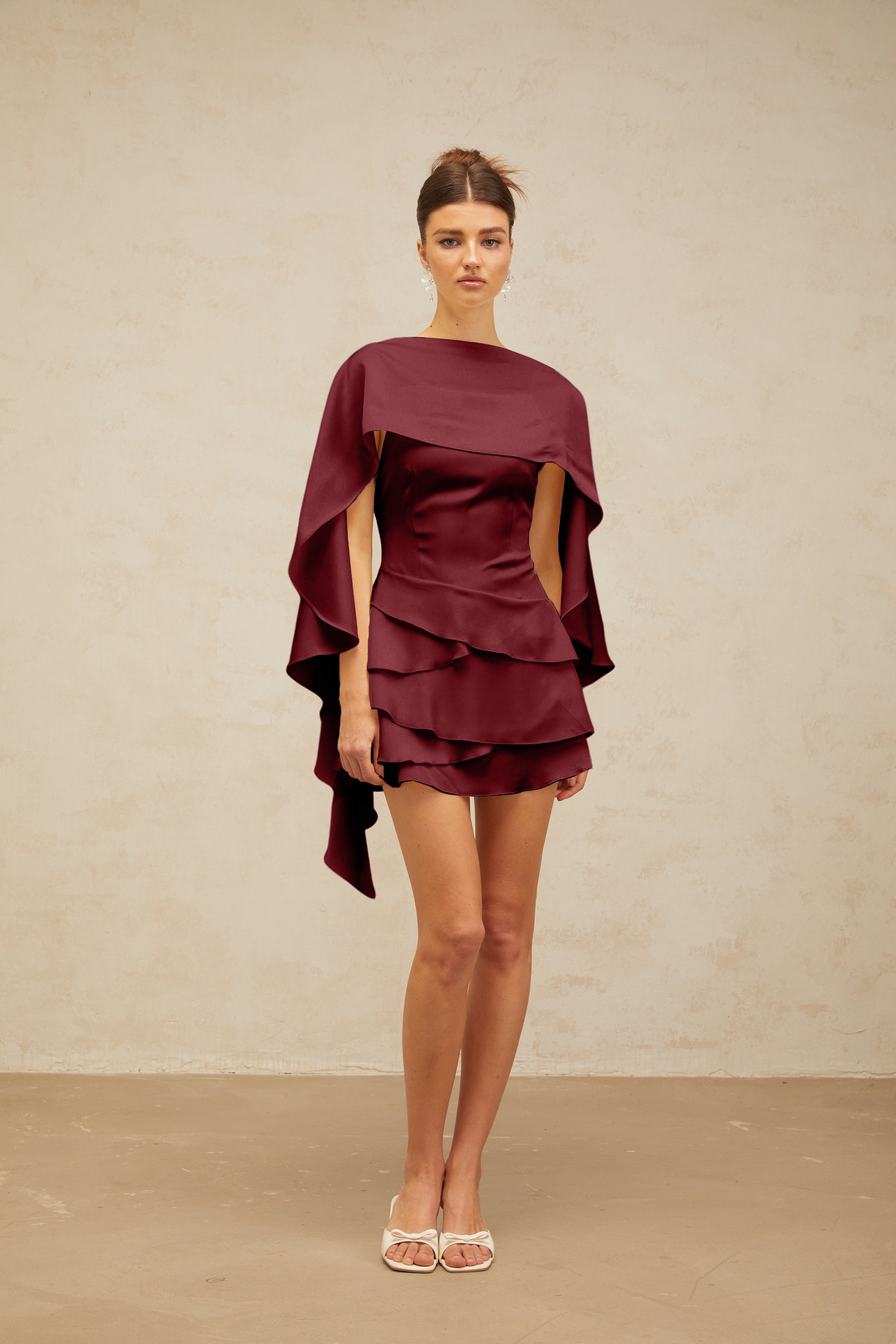 Lyna shawl-panel ruffled satin mini dress in Red