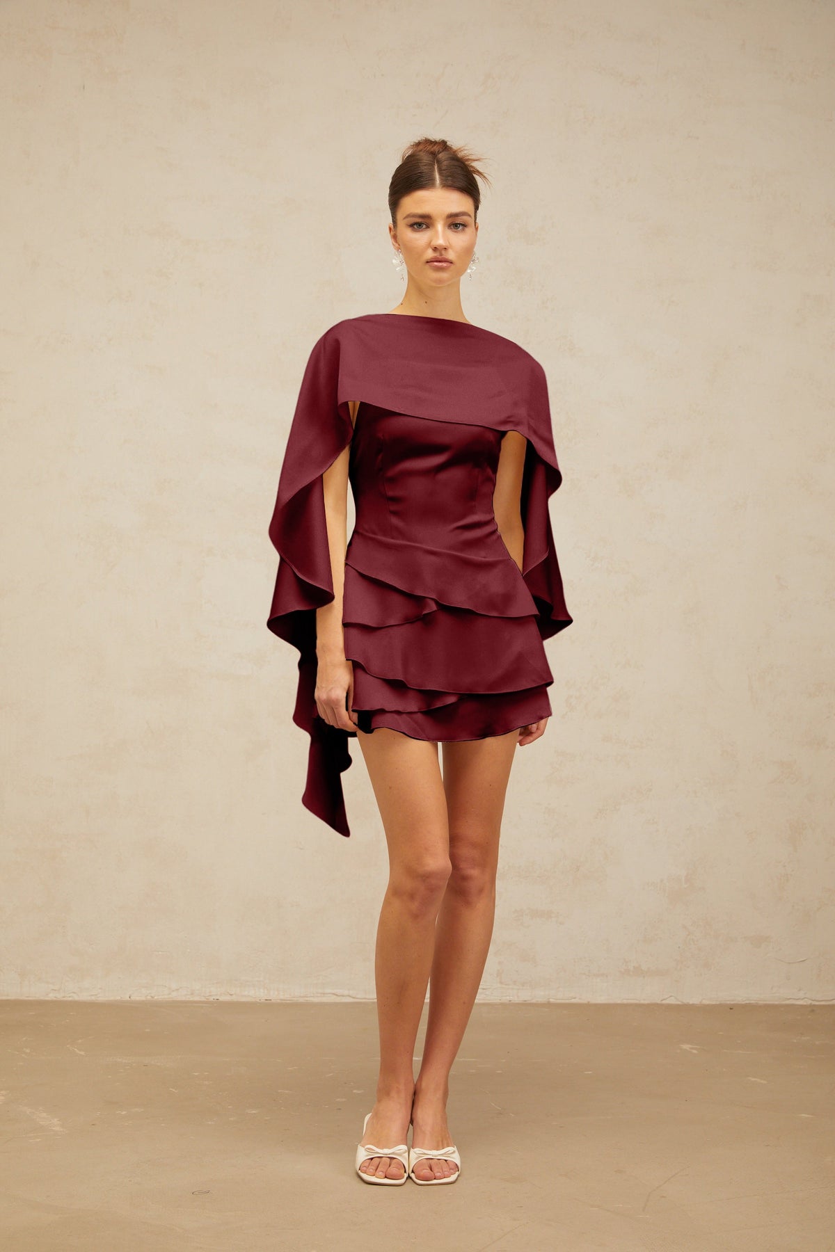 Lyna shawl-panel ruffled satin mini dress in Red